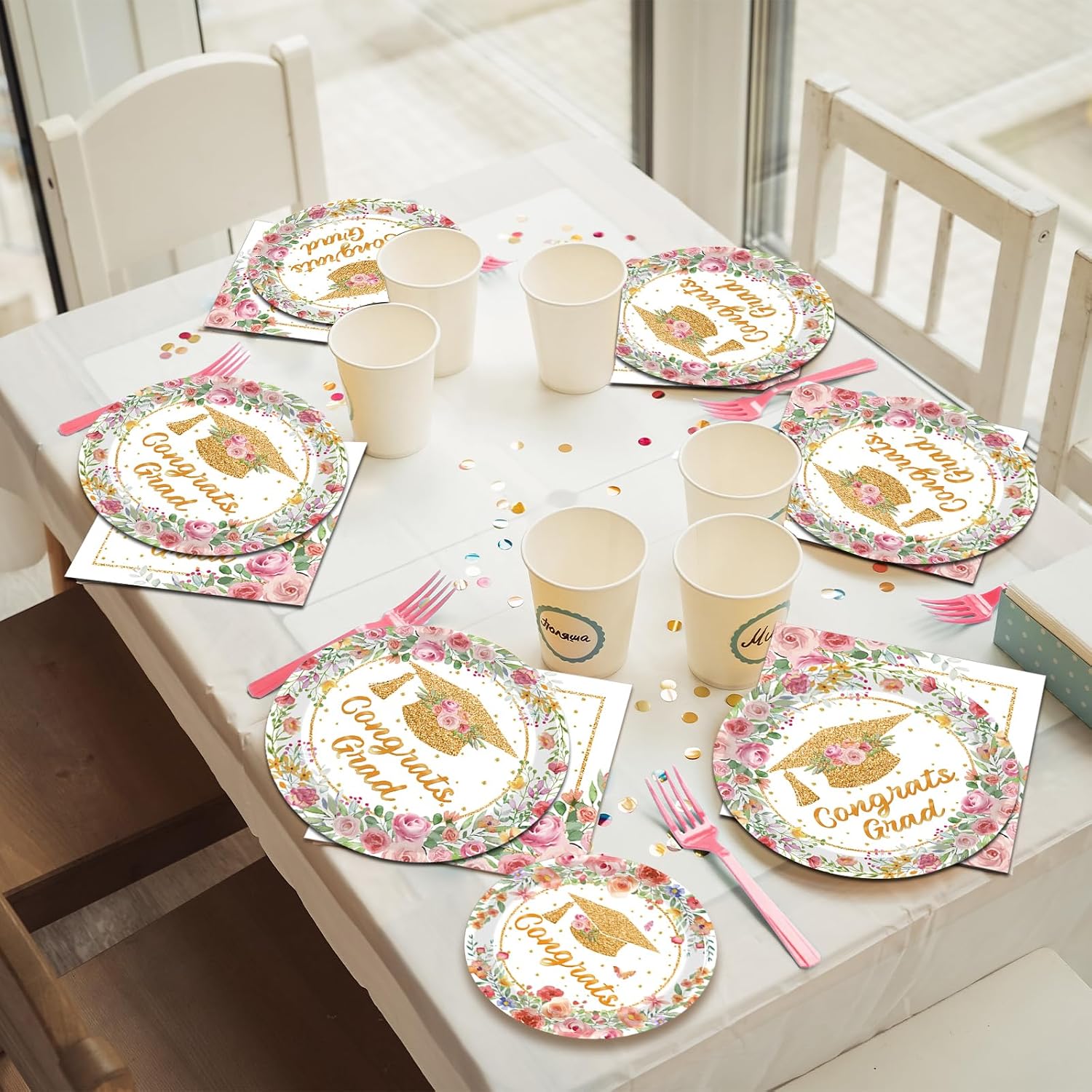 96Pcs Pink Graduation Party Paper Plates Napkins, Floral Class of 2026 Congrats Grad Party Decorations Supplies Rose Gold Women Graduation Prom Party Tableware Set for College High School, Serves 24