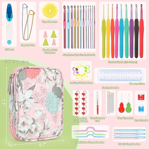Miniatura 8 de Katech Kit de ganchos de ganchillo con funda, juego de ganchos de ganchillo de 99 piezas, kits de hilo de tejido de ganchillo para guantes y