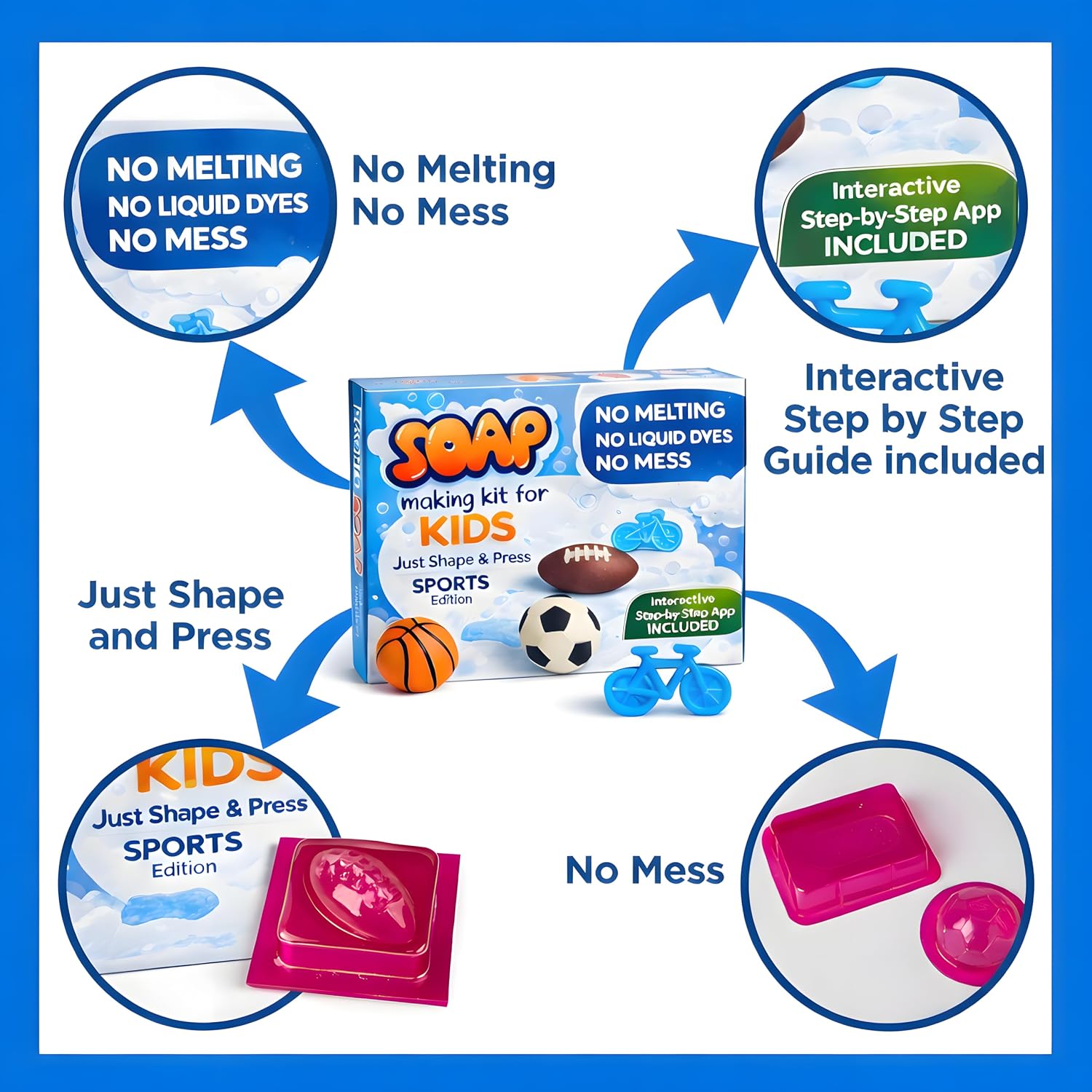 Soap Making Kit for Kids – DIY Soap Making Kit with Sports Shaped Soap Moulds (Basketball, Football, Soccer & Bicycle) Soap Making Supplies that Promote Hygiene DIY Kits for Kids Mobile App Included