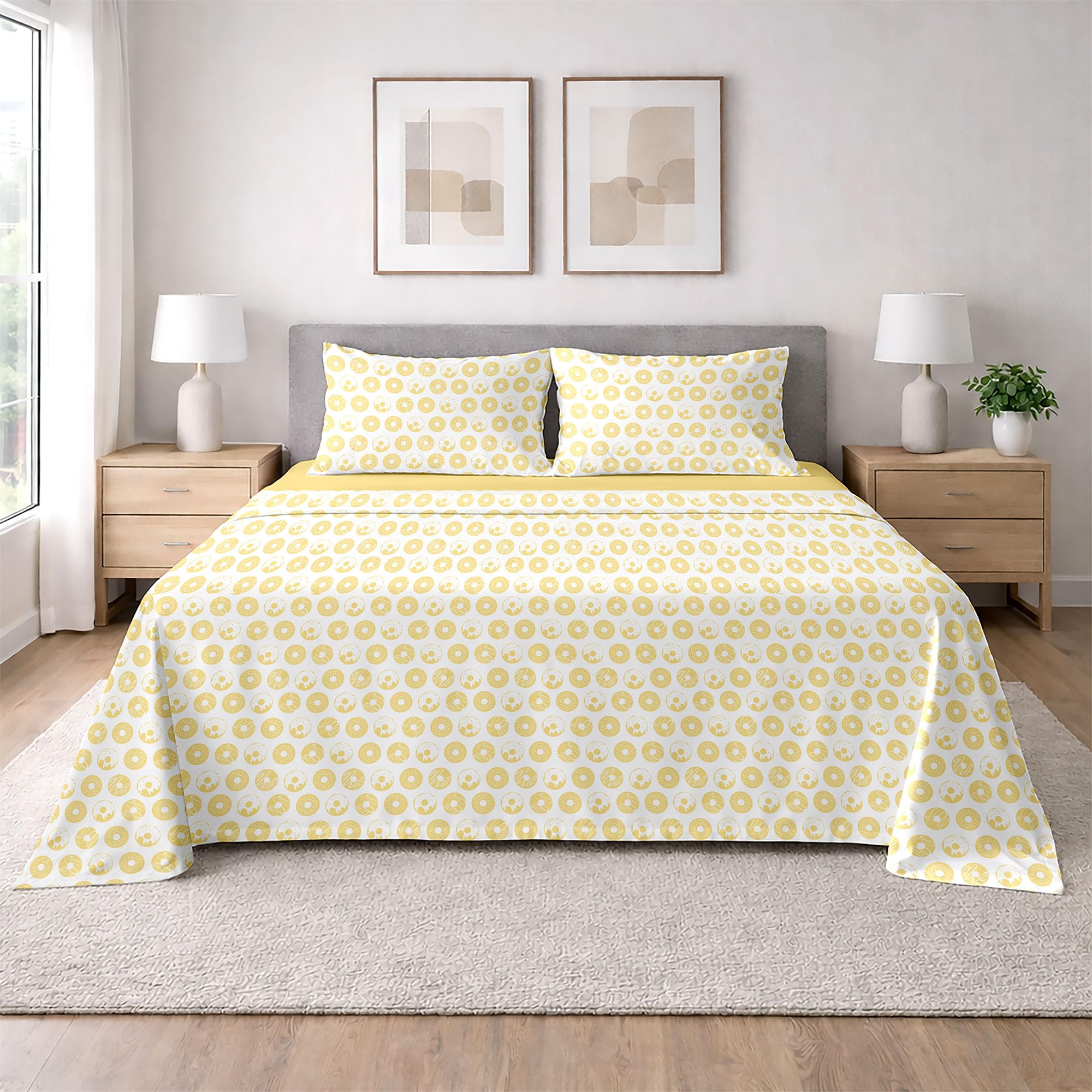 Ruggeri - Set Lenzuola Letto Matrimoniali 4 Pezzi in 100% Cotone di Alta Qualità, Lenzuolo con Angoli 170x200 cm, Lenzuolo Piatto 240x280 cm e 2 Federe 50x80 cm (Ciambelle Gialle, Matrimoniale)