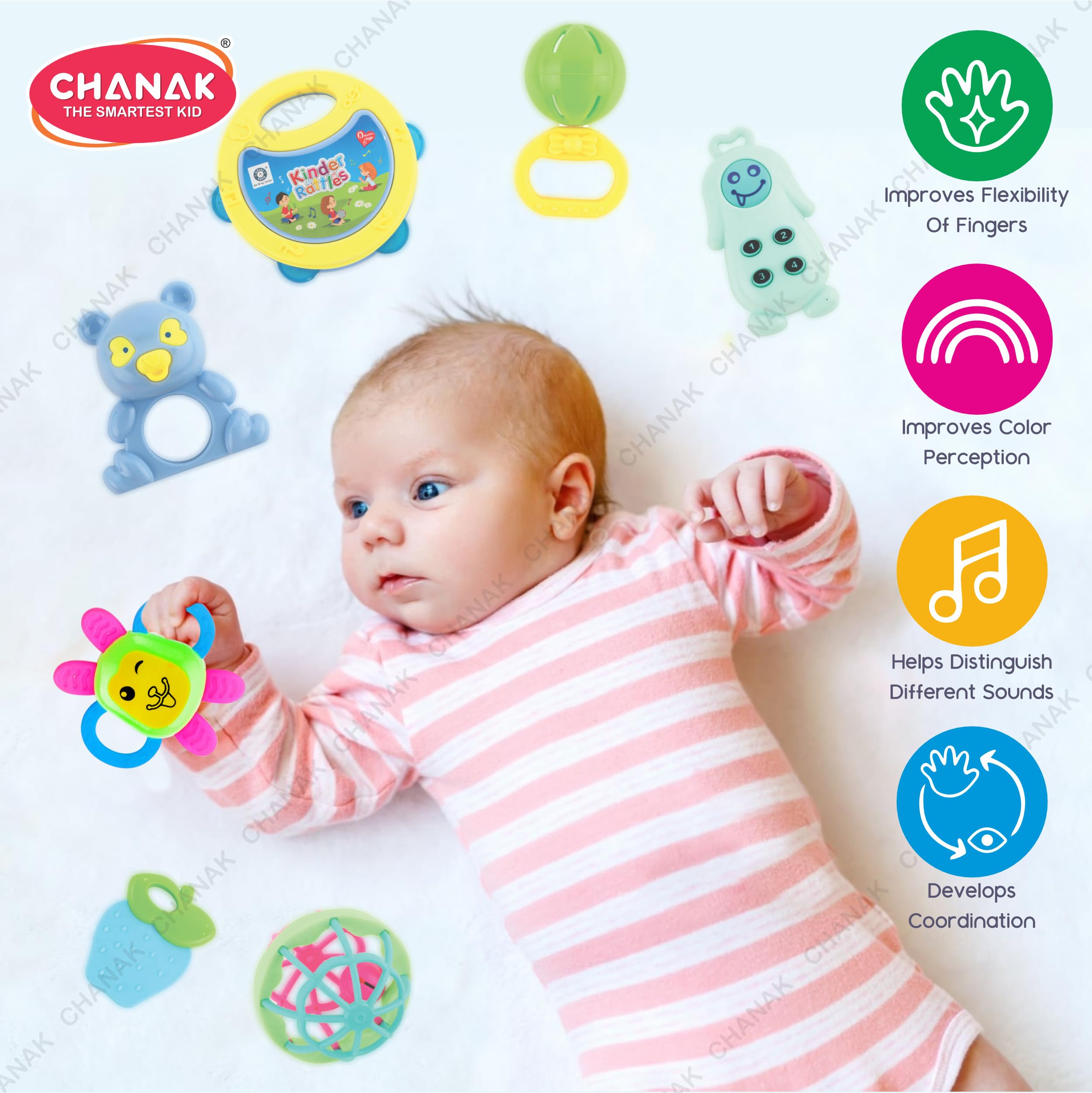 Chanak Silicone;Plastic Baby Kinder Rattle Set for 0-6 Months Old Baby, Non-Toxic, 100% Bpa Free, Infant Grab, Spin & Shake Rattles, Colorful Rattles with 8 Pcs, Bis Approved, Multi,Multicolor - Image 7 thumbnail