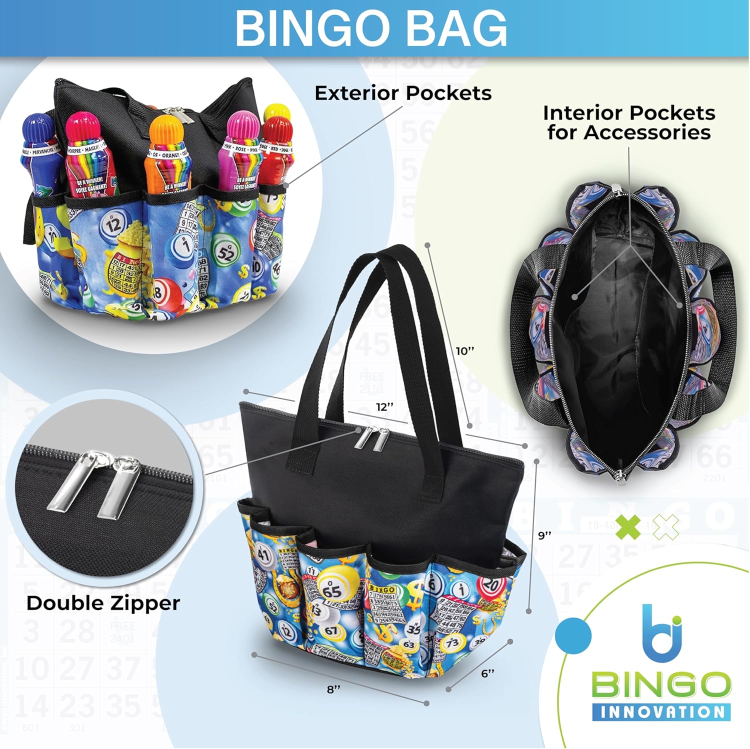 I Love Bingo Black Tote Bag with 10 Pockets for Daubers, Dabbers, Markers & Accessories – Bingo Bag with Zipper