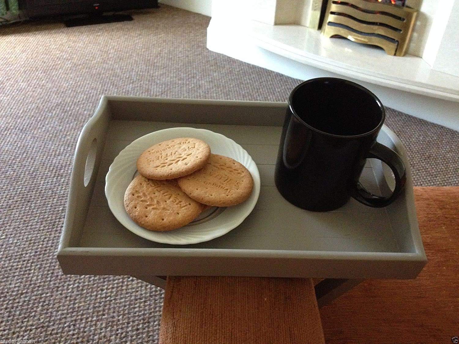 Biznest Grey Wooden Armchair Tray Sofa Tray Drink Holder Remote Holder Wooden Tray