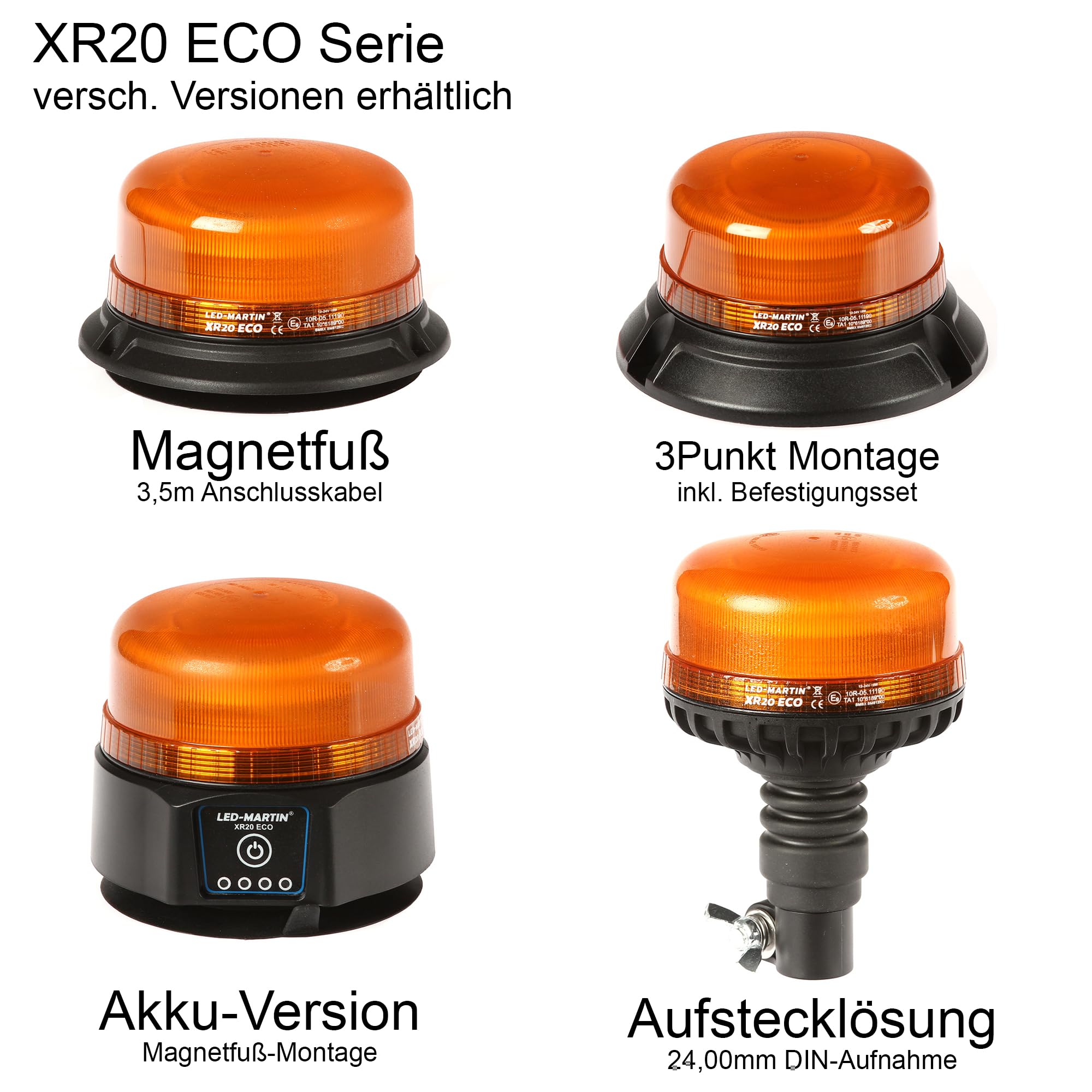 LED-MARTIN® Rundumleuchte - XR20 ECO - 12V/24V - Orange - Gelb - Magnetfuß - 3,5m Kabel - ECE-R65 - kompakte Bauform