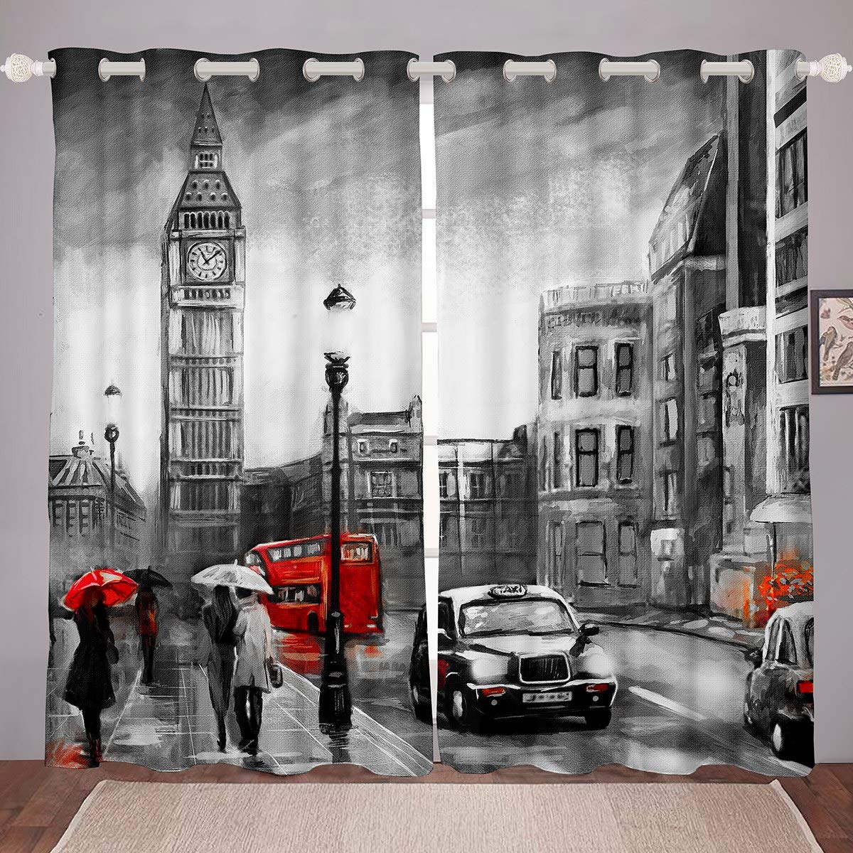 Loussiesd Big Ben Window Treatments London Cityscape Window Curtain Retro UK Theme Window Drape Panels for Boys Girls Kids Room Decor Famous City Scene Blackout Drapes Gray Red W46*L54 Grommet Top