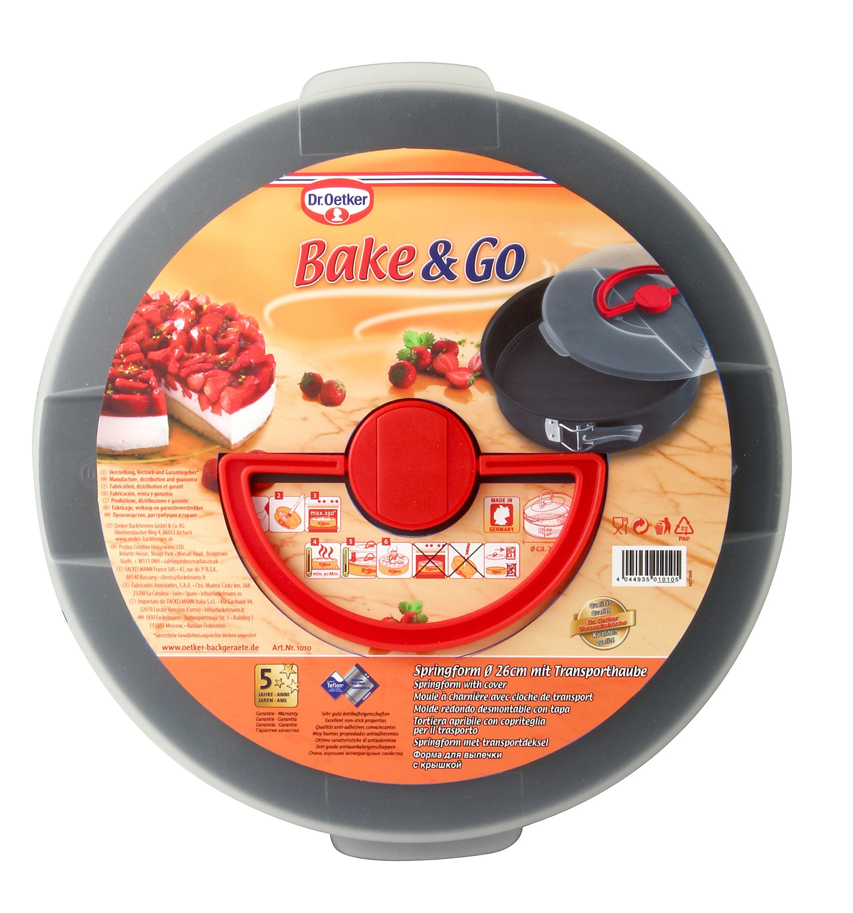 Dr. Oetker Rechteck-Springform mit Haube 38 x 25 cm Emaille, eckiges Kuchenblech, 1 Stück & Bake & Go Springform Ø 26 cm mit Transporthaube Kuchentransportbox mit Antihafteigenschaften, 1 Stück