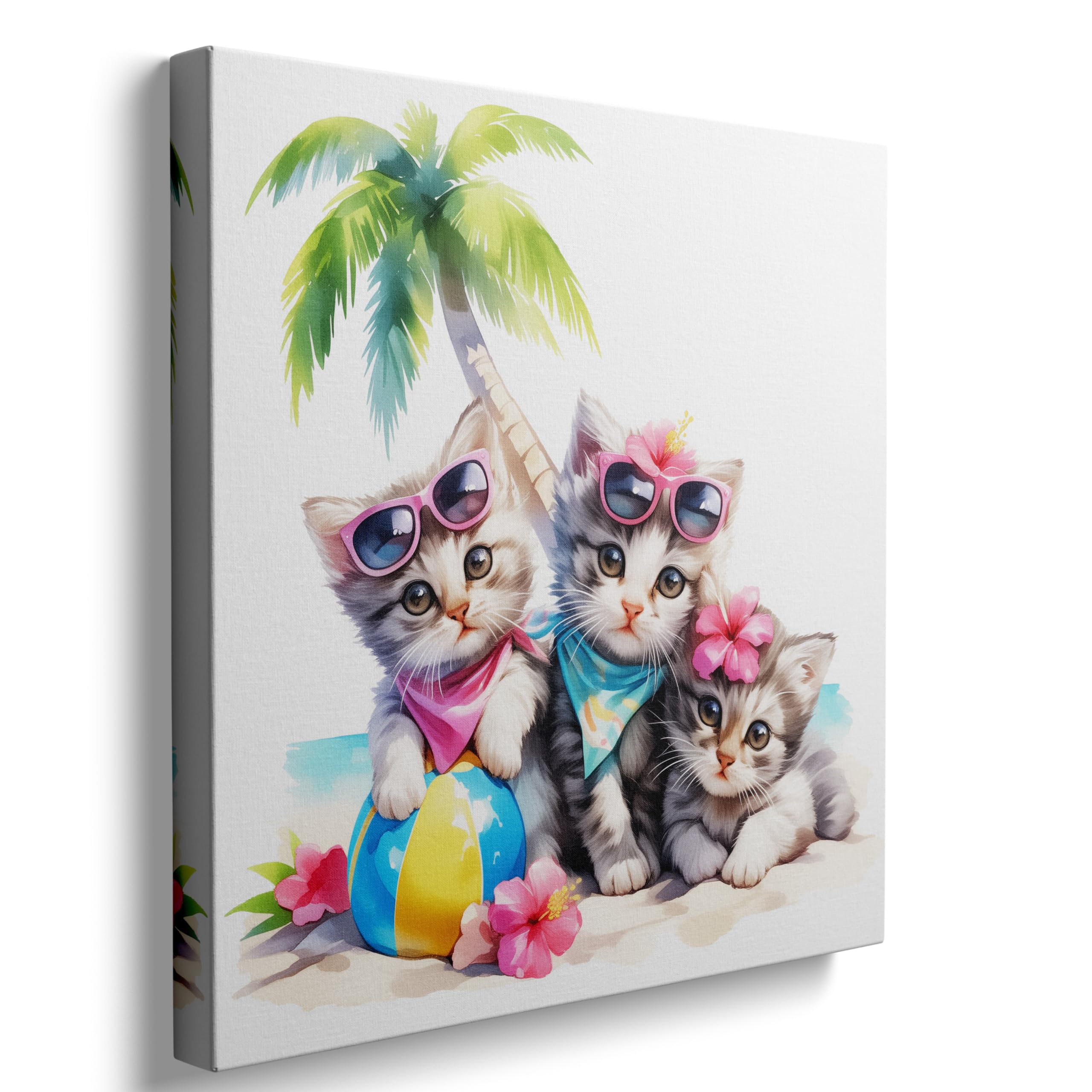 Ypxzzj Cute Kittens in Summer Vacation Canvas Wall Art, Three Kittens Under a Coconut Tree Printing Picture Cute Animal Cats with Glasses for Living