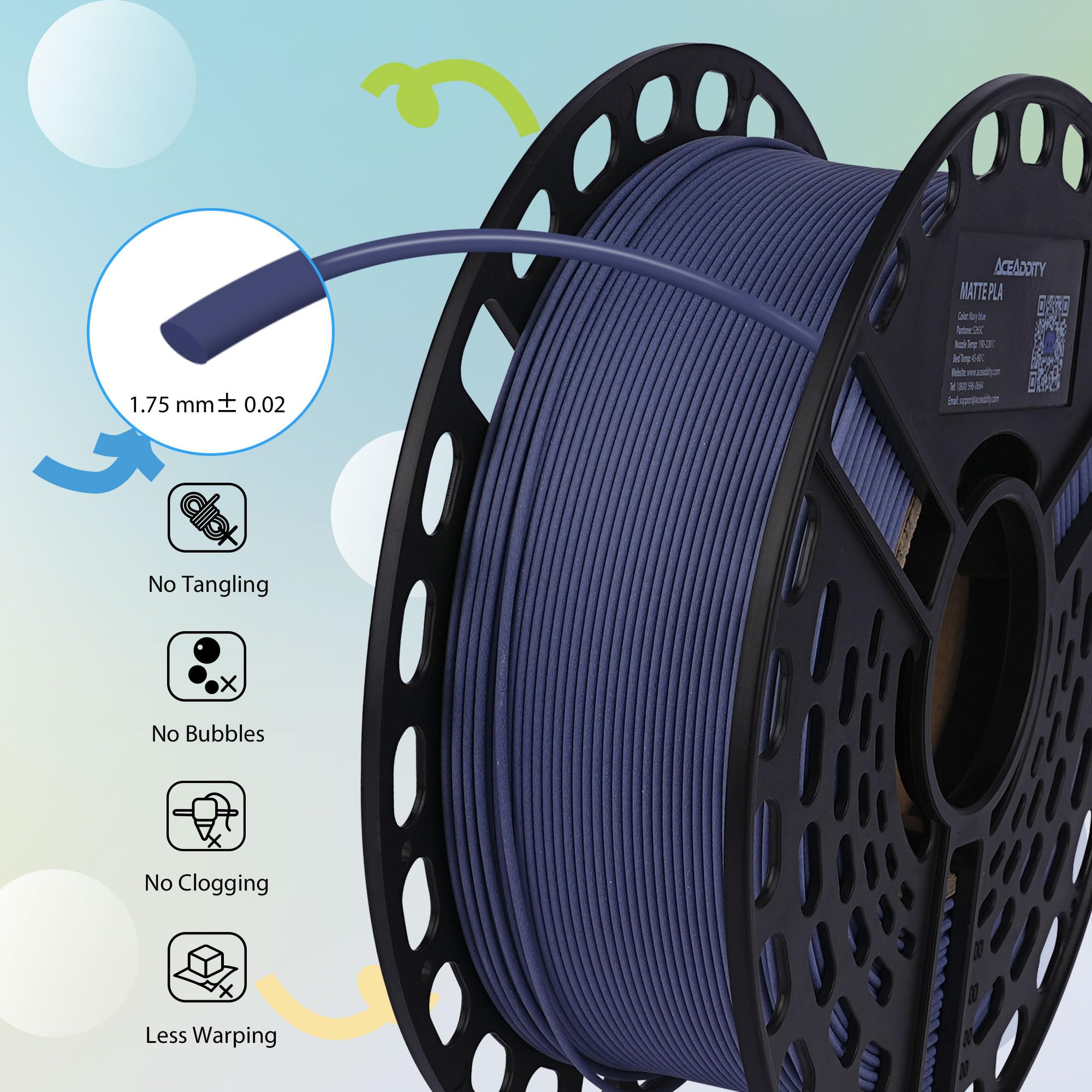 AceAddity Matte PLA 3D Printer Filament, Dimensional Accuracy +/- 0.02 mm, 1 kg Spool, 1.75 mm (Navy Blue)