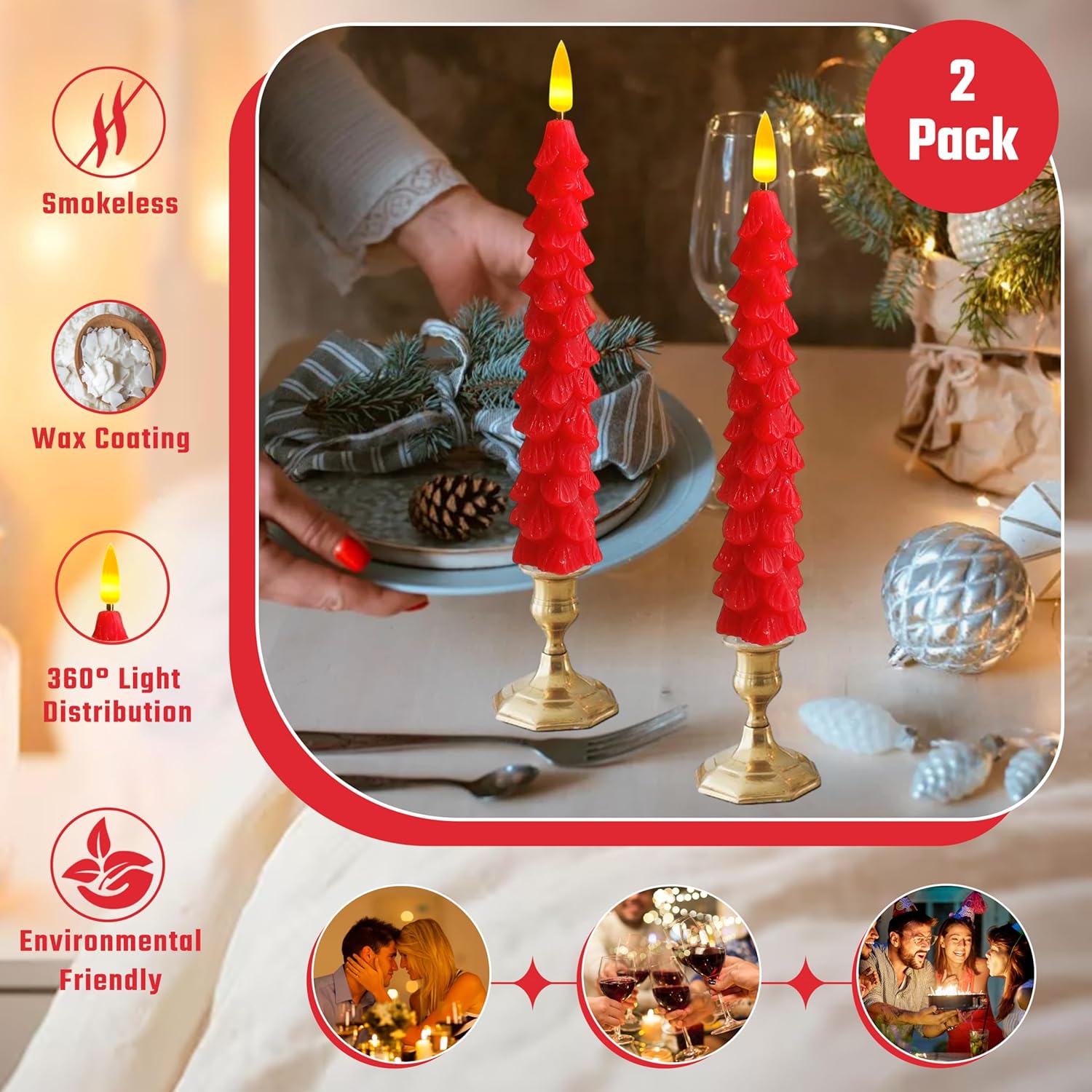 10 in Red Christmas Tree Flameless Candle Window Candles with Remote Timer Battery Operated Taper Candle LED Taper Candles Set of 2