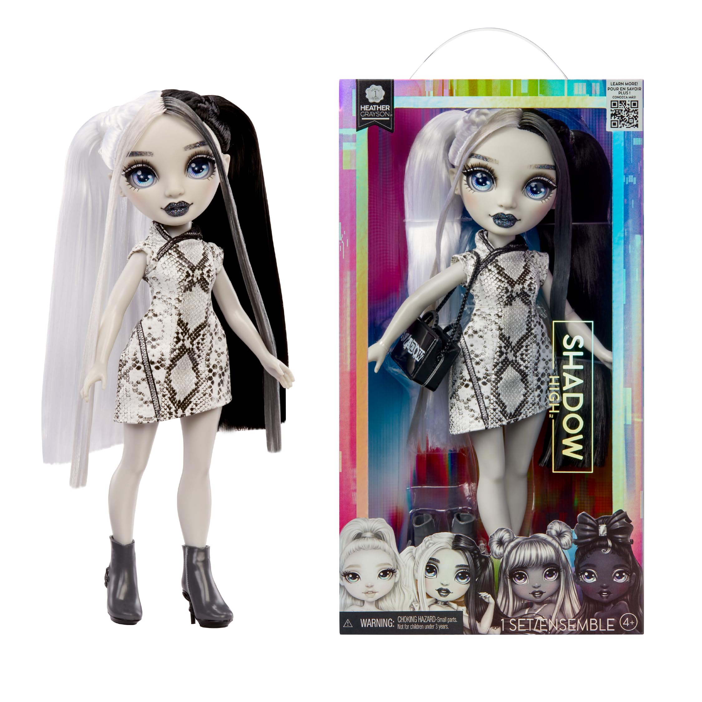 Rainbow High Shadow High Heather - Grayscale 11” Fashion Doll. Black and White Hair & Outfit & Handbag