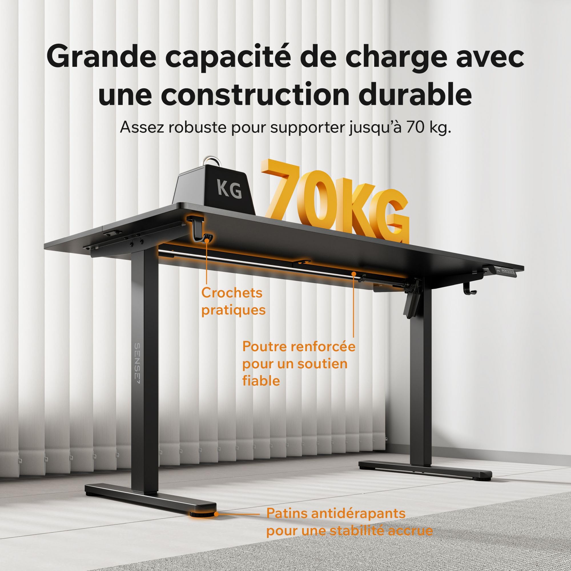 SENSE7 Bureau Gaming électrique 140x70cm Noir Moteur Silencieux 70kg