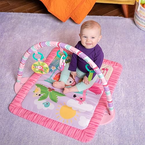 Miniatura 4 de Bright Starts Pink Palms Tiki-Toy Bar Baby Activity Gym & Tummy Time Mat con barra de juguetes y 3 juguetes, recién nacido a 3 años