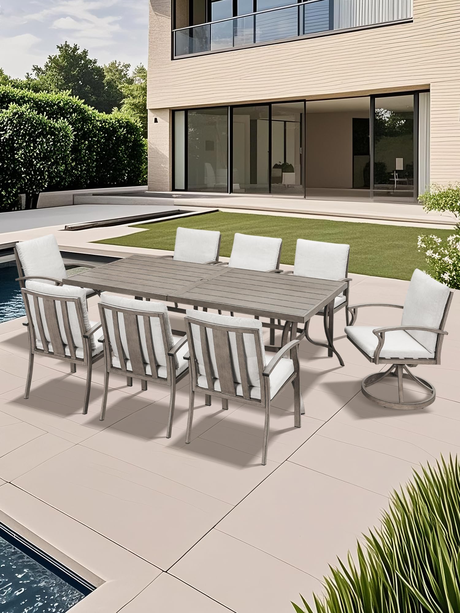 Juego de comedor de patio de 9 piezas, juego de comedor de aluminio al aire libre para 8, juegos de muebles de patio con agujero para paraguas, 6 sillas de comedor, 2 sillas de comedor 2