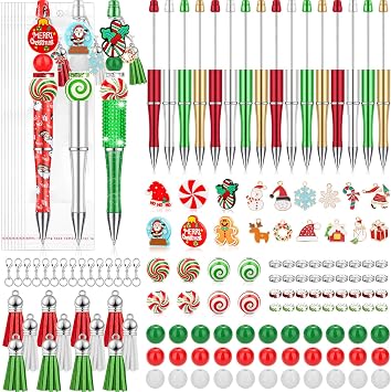 188 Pcs Christmas Beaded Pens Bulk, 18 Sets Christmas Pens Bulk | with Christmas Focal Beads, Silicone Beads, Christmas Charms and Tassels, Beadable Pens