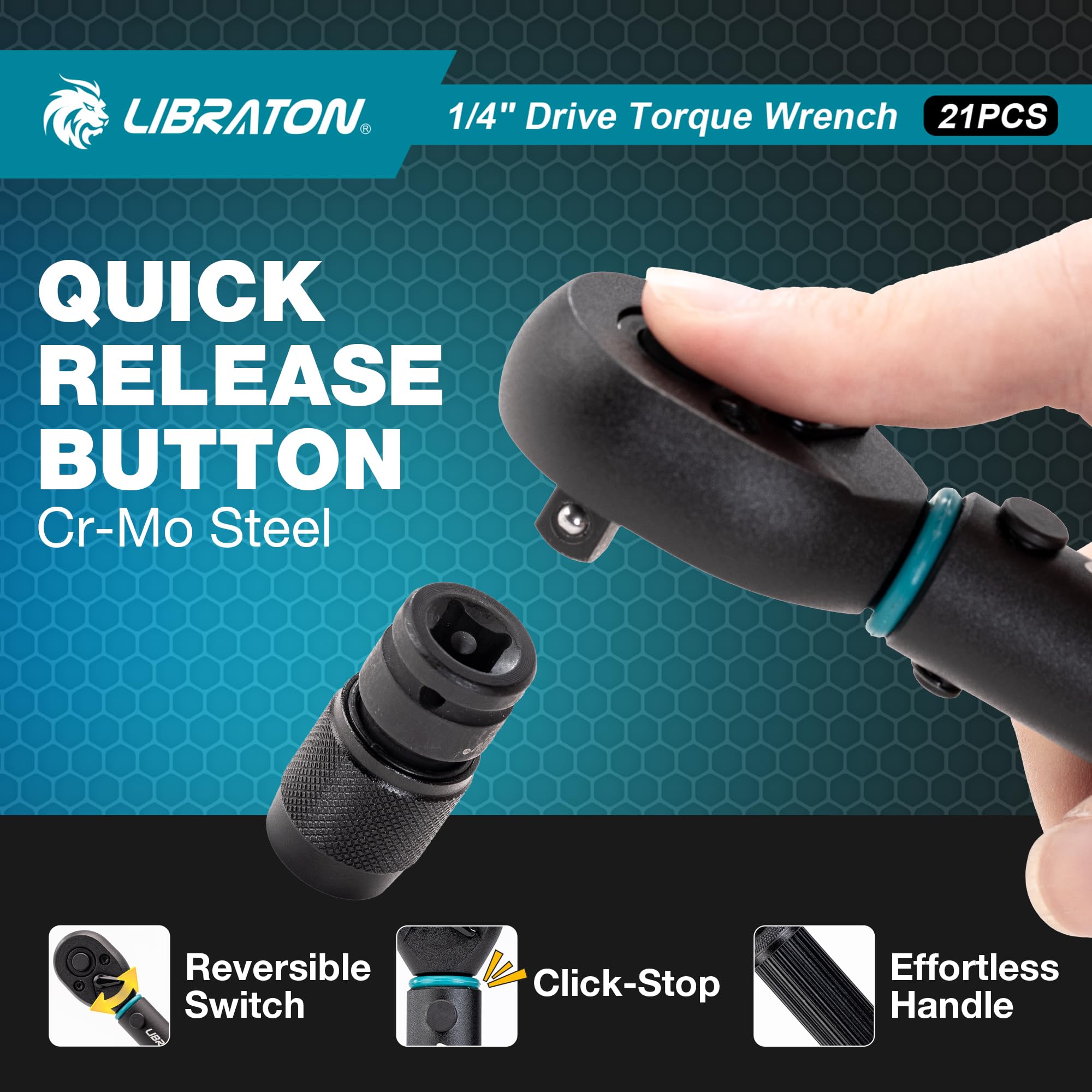 LIBRATON Chiave Dinamometrica da 1/4", 2-14Nm, Chiave Dinamometrica Bici 72 Denti, Microregolazione a 0,1Nm, Punte Esagonali e Torx, Chiave a Bussola, Convertitore da Impatto a HEX 1/4, Attrezzi Bici
