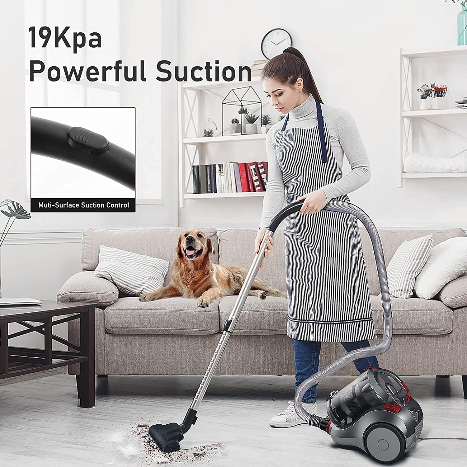 Canister Vacuum Cleaner, 19Kpa Strong Suction Bagless Canister Vacuum with Cyclone & HEPA Filtration, 1.5L Dust Cup, 2 Cleaning Tool for Hard Floor Carpet Pet Hair -