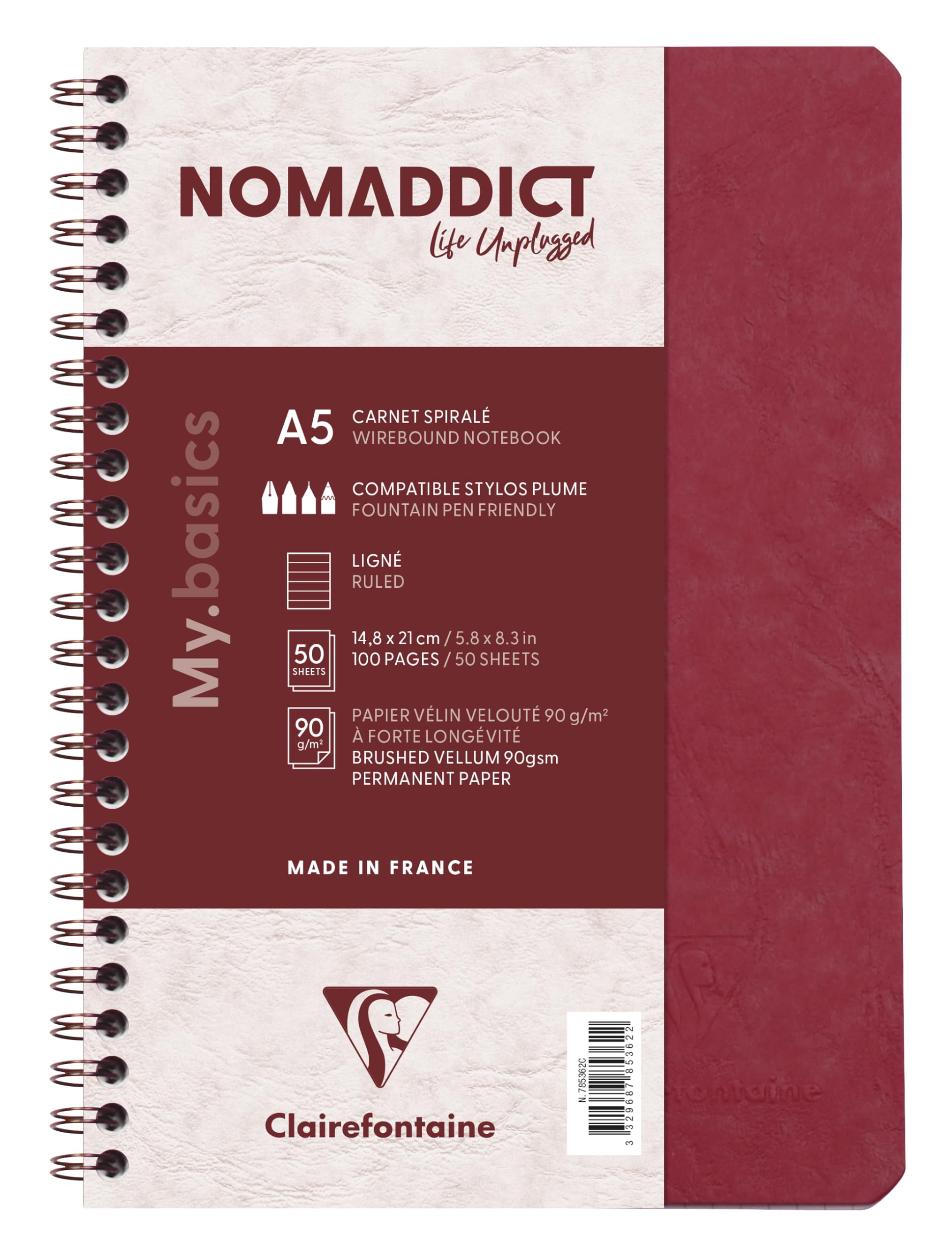 Clairefontaine 785362C Collection Age Bag - Red Spiral Notebook - A5 14,8 x 21 cm - 100 Lined Pages - White Paper 90 g - Glossy Card Cover Leather Grain