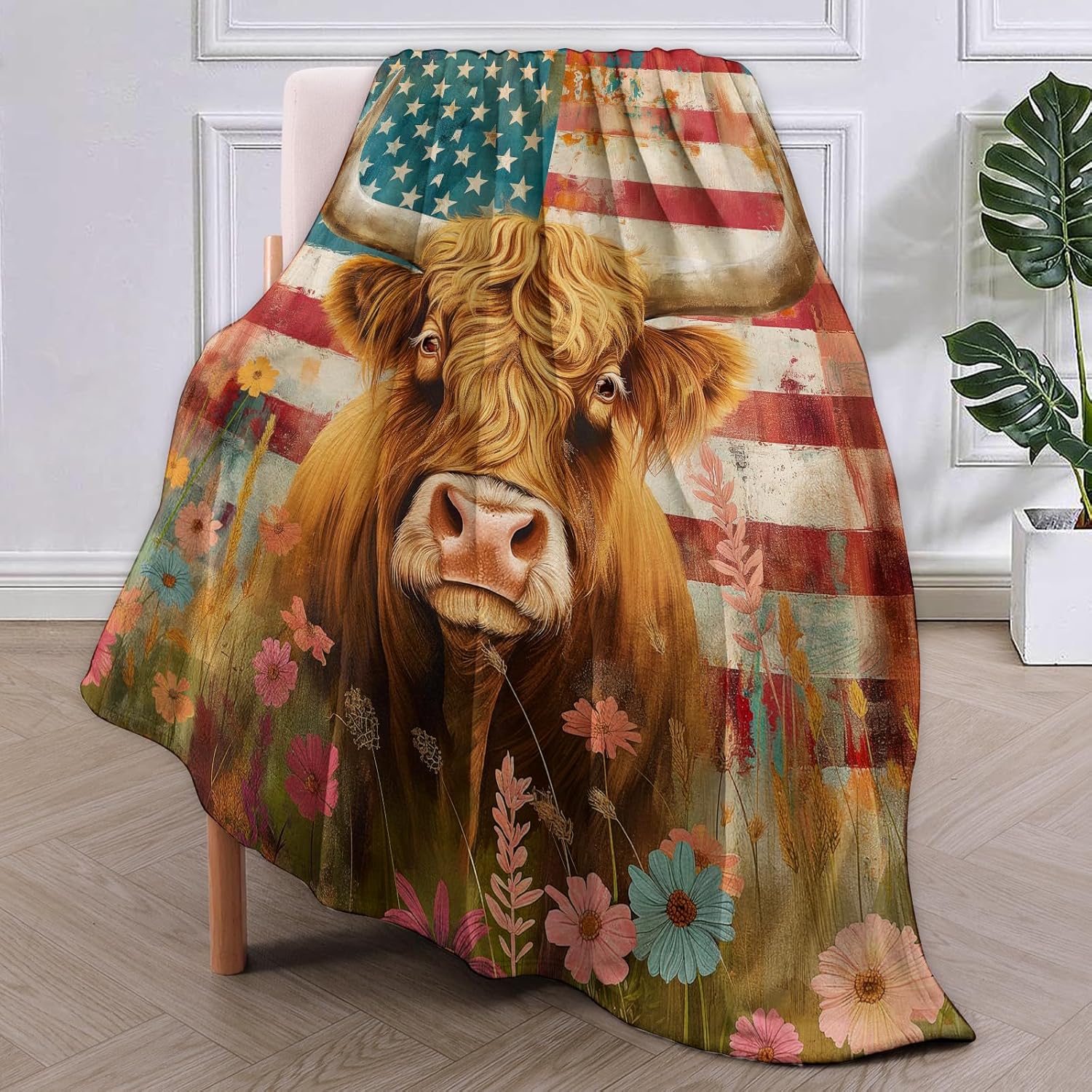 American Highland Cow Blanket,Anime Farmhouse Floral Flannel Throw Blankets,Soft Warm Lightweight Cozy Plush Flag Cow Throws for Bedroom Sofa Home Decor Gifts for Women Girls 50"x60" - Image 2