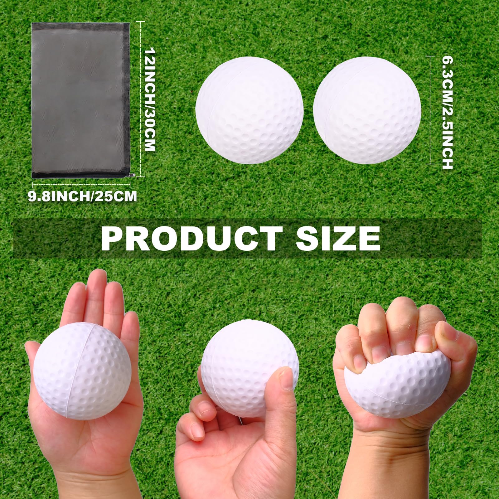 24 mini pelotas de golf de 6,35 cm para práctica de espuma para aliviar el estrés con 2 bolsas de almacenamiento de malla negra, regalos de fiesta deportiva para cumpleaños, escuela,