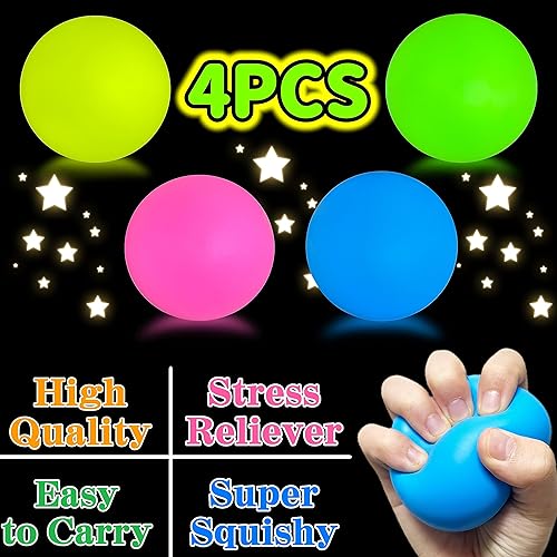 Miniatura 3 de 4 bolas de estrés que brillan en la oscuridad para niños, adolescentes y adultos, bolas adhesivas de 2.4 pulgadas, juguetes blandos para recuerdos