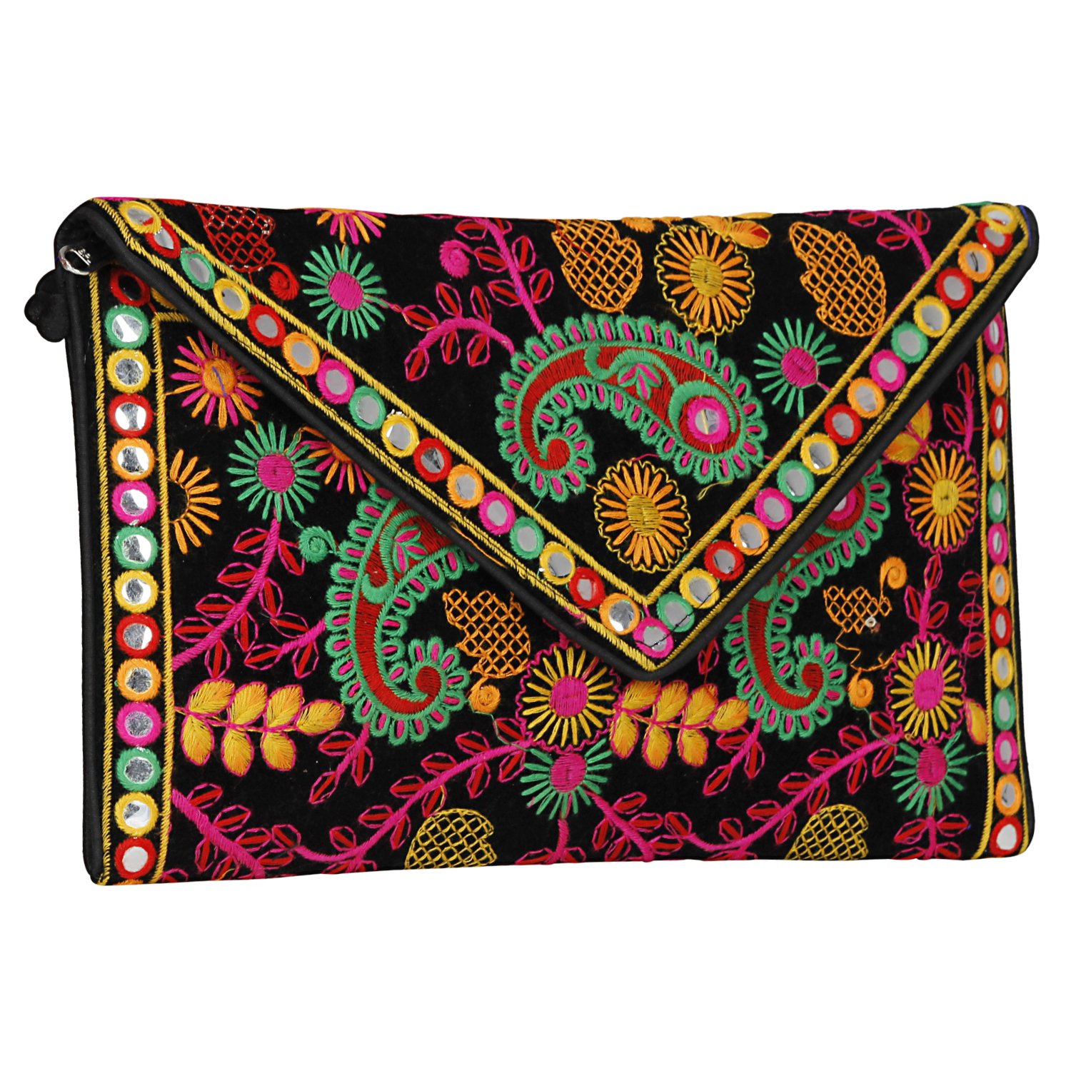 Latest Designed Sling Bag, Foldover Clutch, Hand Bag, Banjara Bag,Shoulder Bag & Cross Body Bag for Women & Girls (Black & Multi) Length 7.6 (Approx)