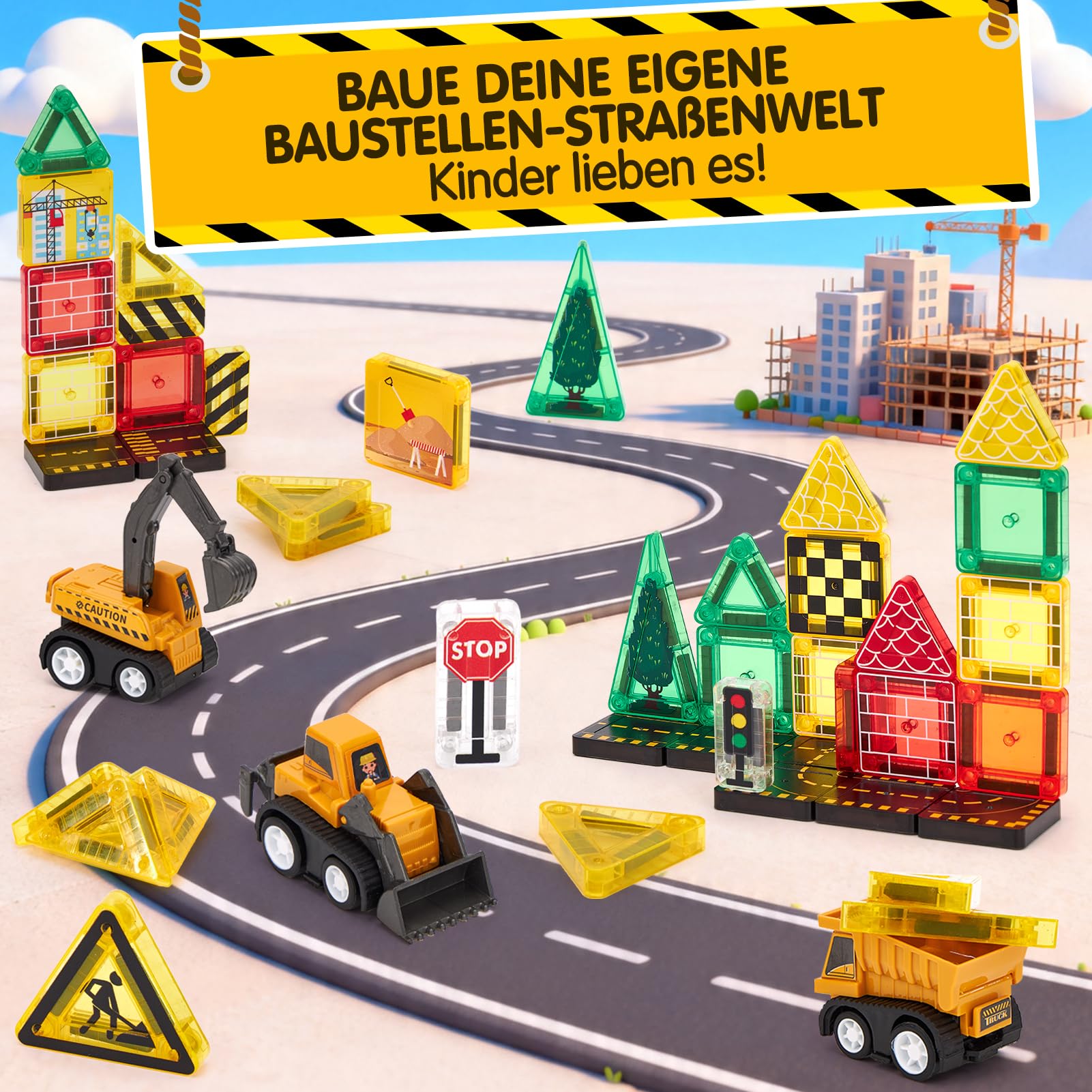 hahaland Magnetische Bausteine ab 3 Jahre mit 3 Baustellenfahrzeugen & Aufbewahrungsbox, 42PCS Mini Magnetic Tiles Reisespielzeug mit Bauplatte, Montessori Spielzeug Geschenk für Kinder 3 4 5 Jahre