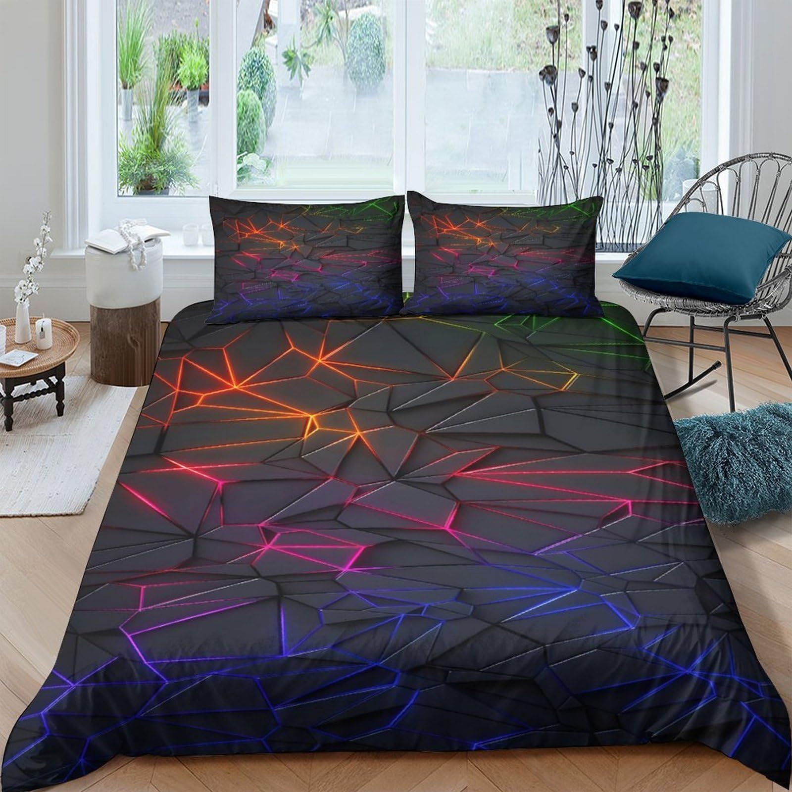 Ctjqhvkz Style-10 3D Printed Neon Abstract Fitted Sheet Microfiber Bedroom Decor Rainbow Light Bed Cover For Home Dorm Mattress Protection Single（135X200cm）