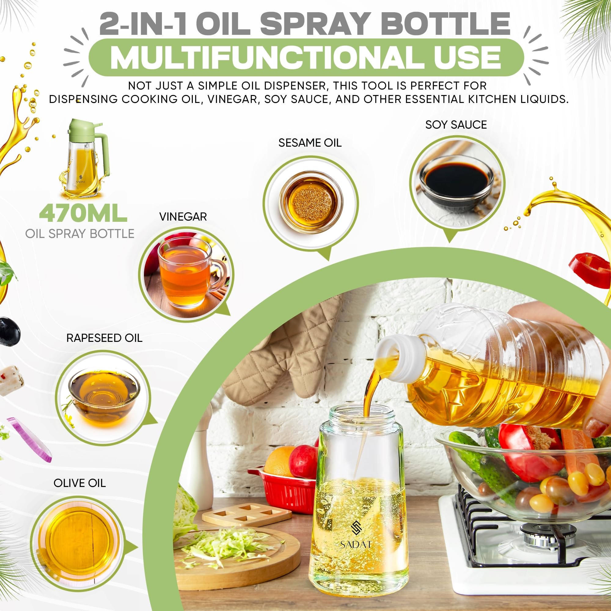 SADAT Pulverizador de aceite, botella de vidrio de 16 onzas para cocinar, dispensador de aceite sin aerosol para freidora de aire, barbacoa, parrilla y ensalada con parte superior de acero inoxidable