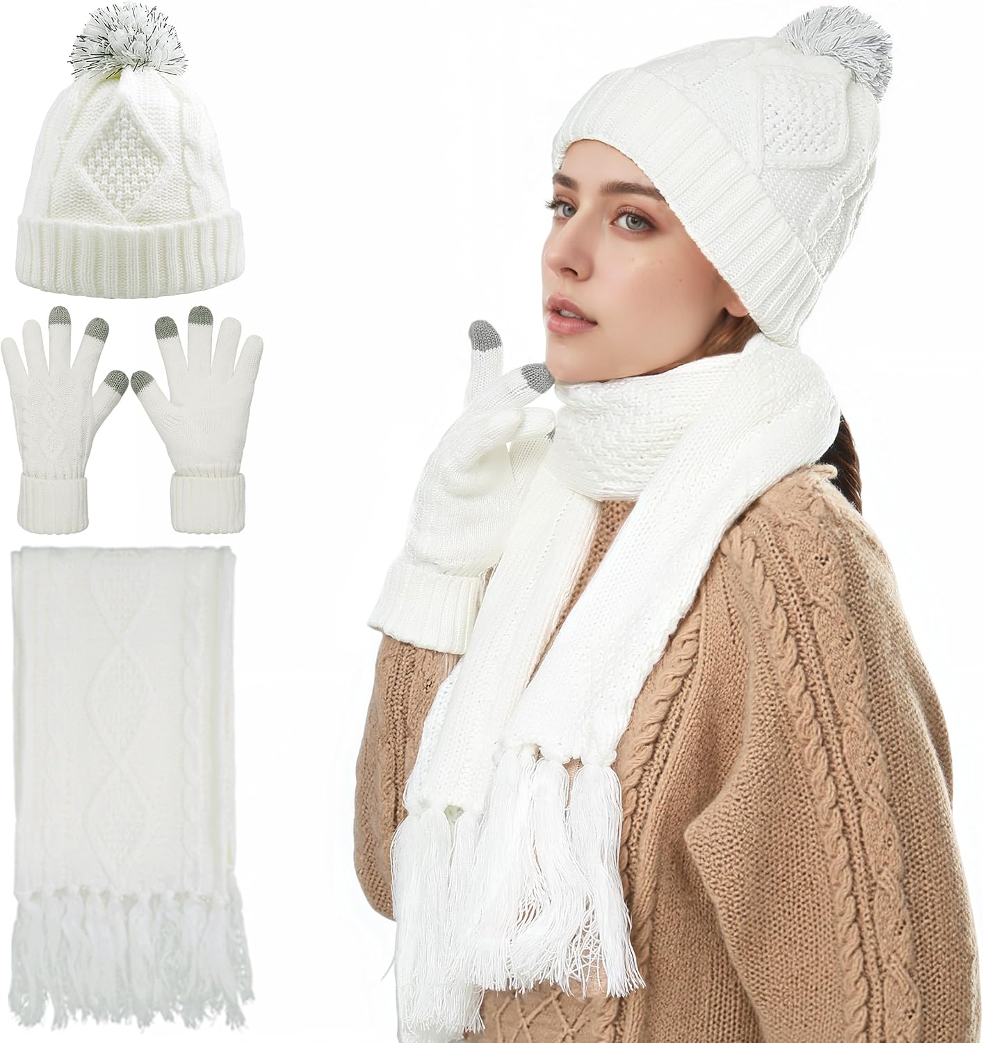 Winter Scarf Gloves and Hat Set for Women, Beanie Hat Long Scarf Touchscreen Gloves, Warm 3 in 1 Set for Womens Girls