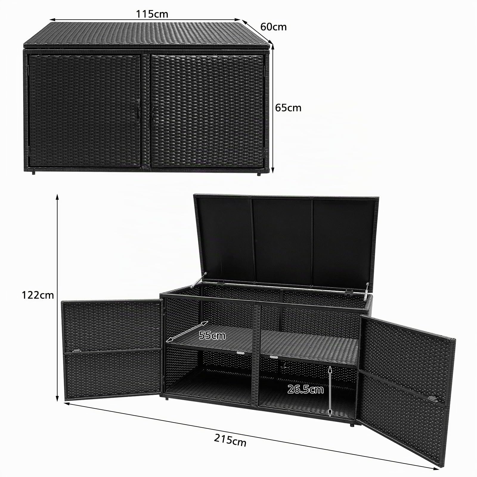 LIFEZEAL Baule da Esterno, 444L, Cassapanca Contenitore da Esterno, in Rattan PE, Baule da Giardino, con 2 Ante e 2 Livelli, Contenitore Grande, per Soggiorno e Piscina, 115 x 60 x 65 cm (nero)