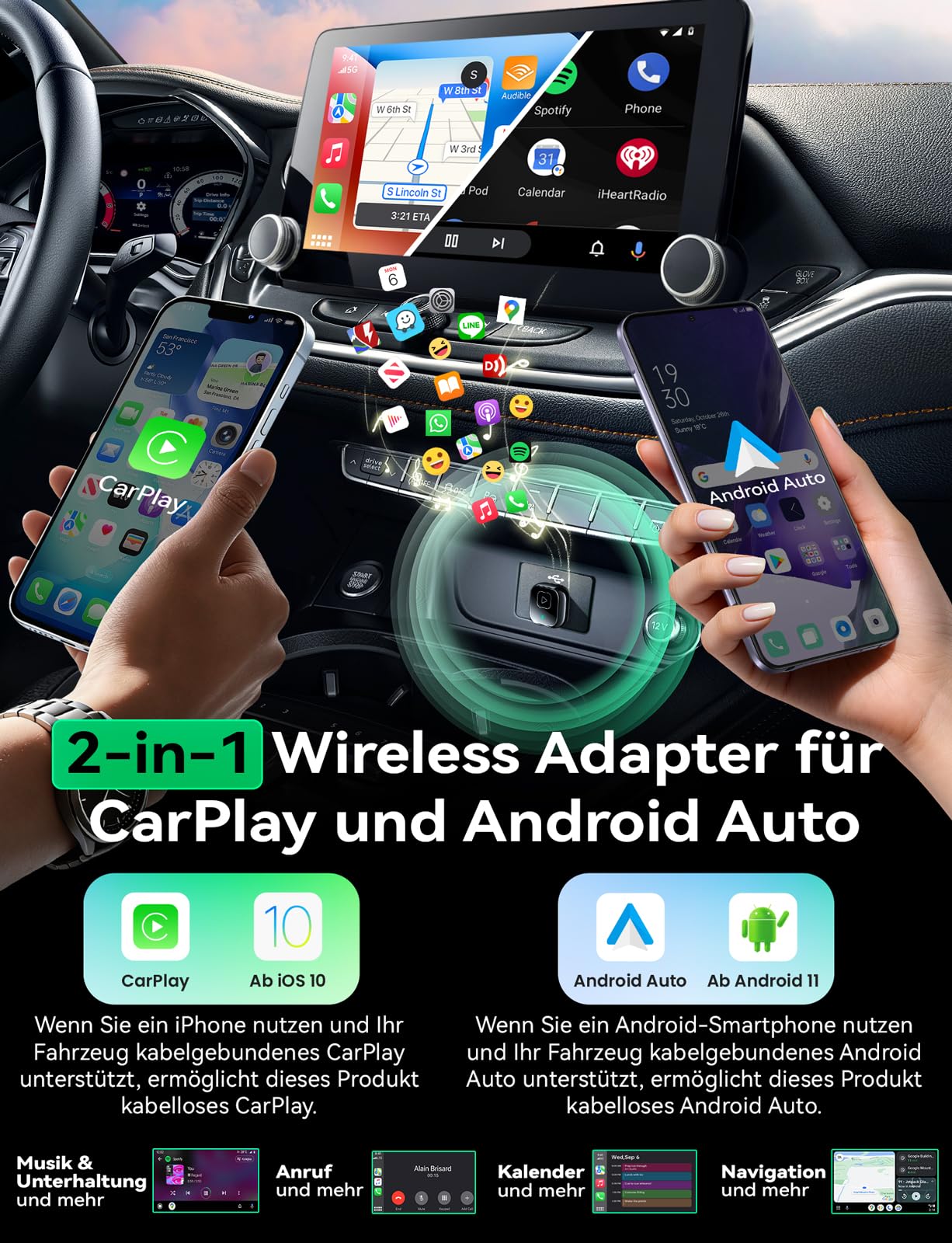 Wireless Carplay & Android Auto Adapter, Mavlou Metalldesign Mini & Stabiler 2-in-1-Dongle, Convert Wired CarPlay/Android Auto zu Wireless, für iOS 10+/Android 11+ & Autos ab 2016