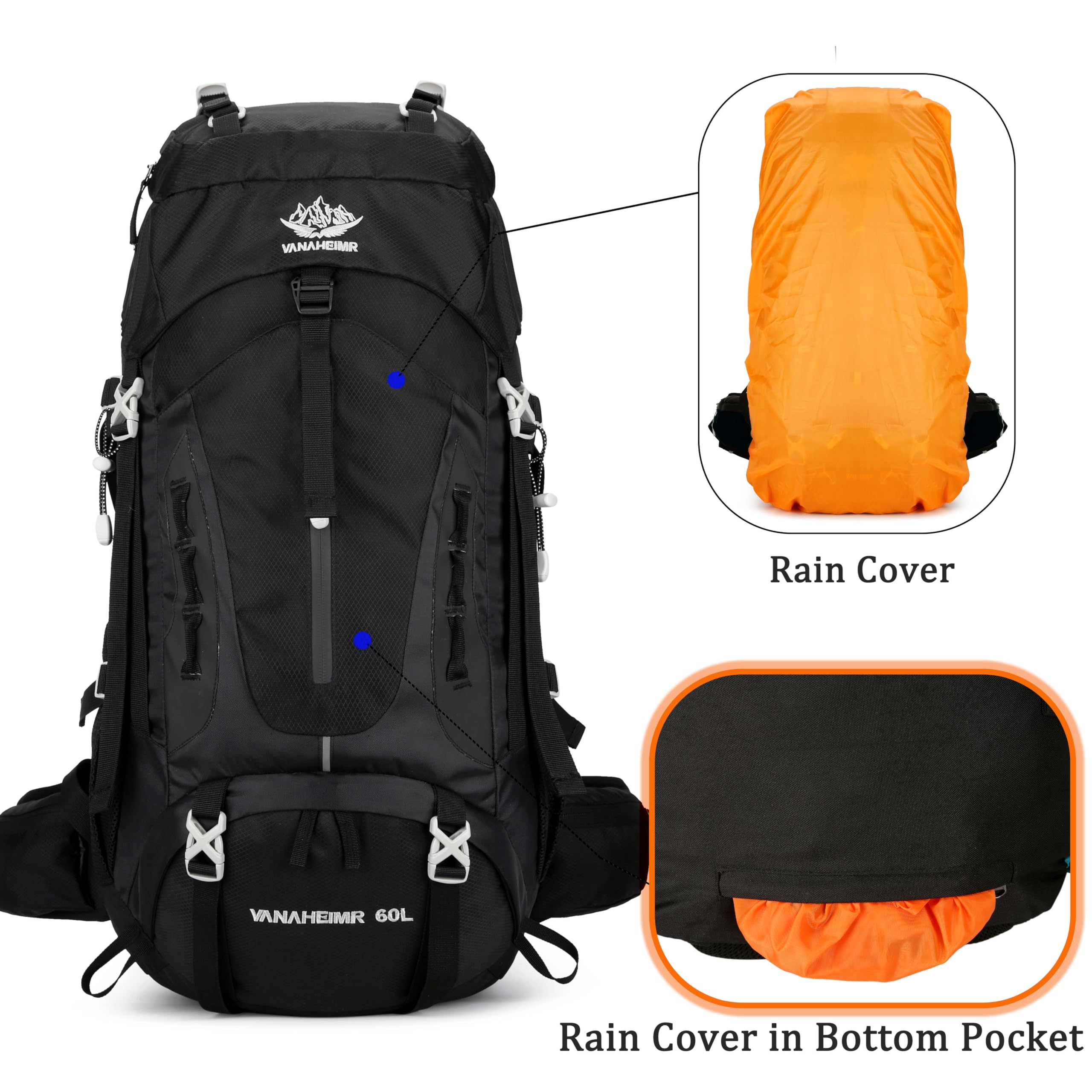 YFREAL - Mochila de viaje de senderismo y campamento de 60 litros con cubierta para lluvia, resistente al agua, mochila de escalada para hombres y mujeres, Negro, Large, Exteriores