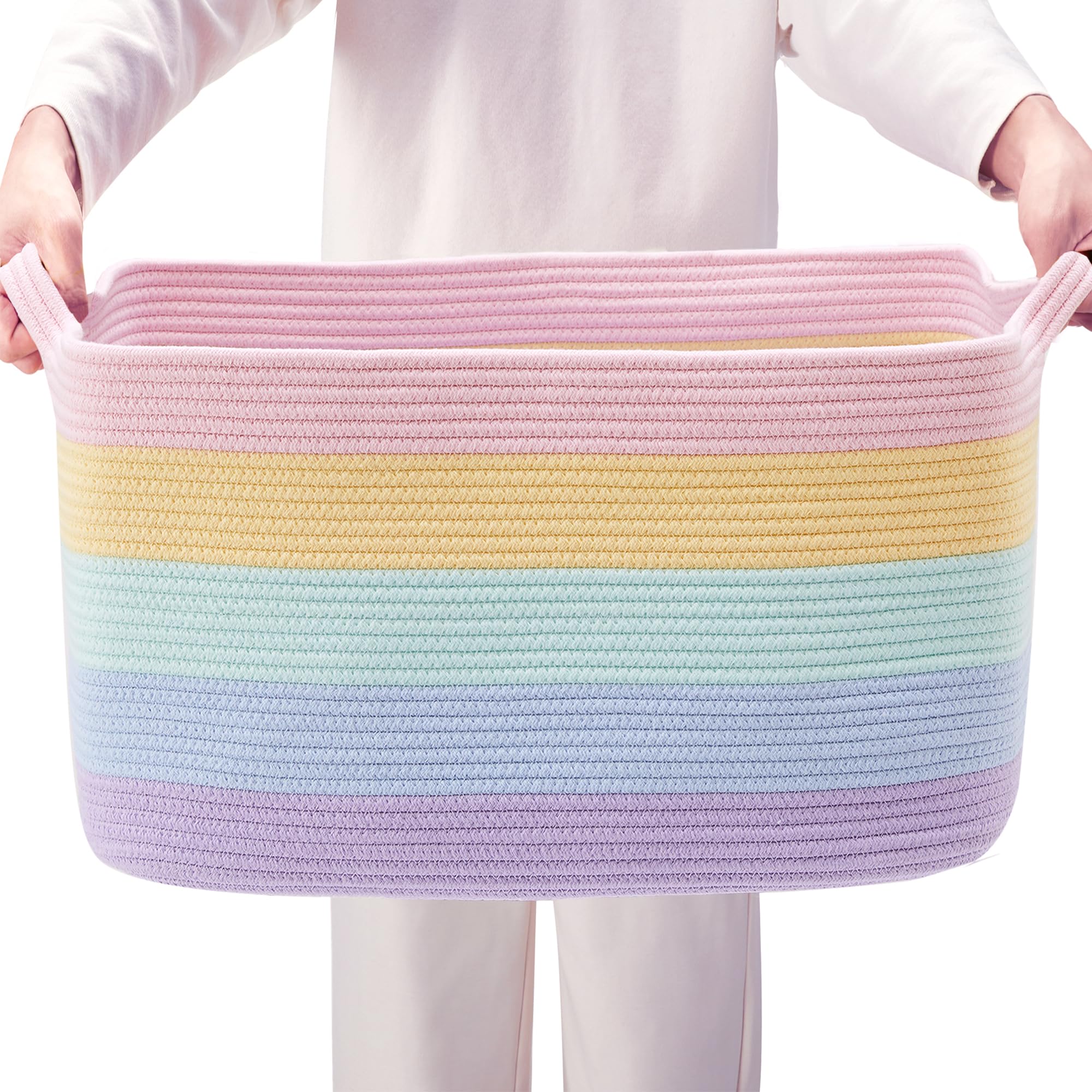 Cesta de almacenamiento de cuerda de algodón arcoíris extragrande de 75 litros para manta, cesta tejida rectangular para juguetes, ropa, ropa en sala de estar, dormitorio, para bebé,