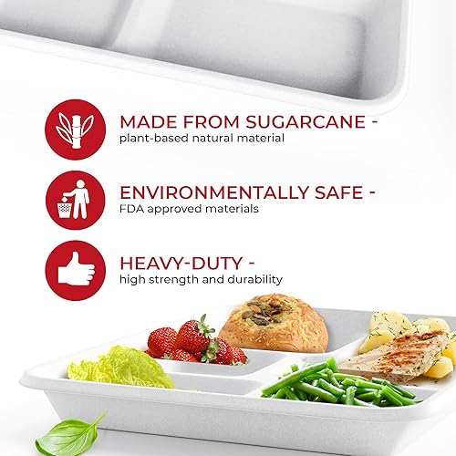 Miniatura 3 de Bandejas desechables de 5 compartimentos resistentes (paquete de 100) de 12.50 x 8.50 pulgadas, bandejas escolares de caña de azúcar, platos