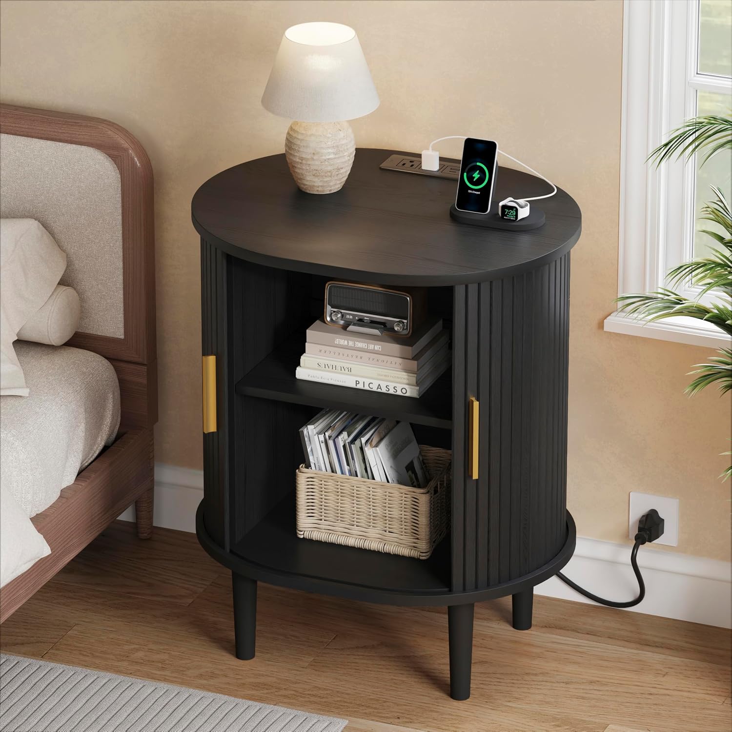 End Table with Storage & Charging Station, Fluted Accent Side Table with Sliding Door & Adjustable Shelf, Mid-Century Modern Nightstand for Small Space, Living Room, Bedroom (1, Black)