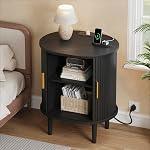 End Table with Storage & Charging Station, Fluted Accent Side Table with Sliding Door & Adjustable Shelf, Mid-Century Modern Nightstand for Small Space, Living Room, Bedroom (1, Black)