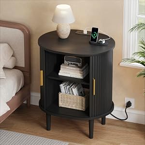 End Table with Storage & Charging Station, Fluted Accent Side Table with Sliding Door & Adjustable Shelf, Mid-Century Modern Nightstand for Small Space, Living Room, Bedroom (1, Black)