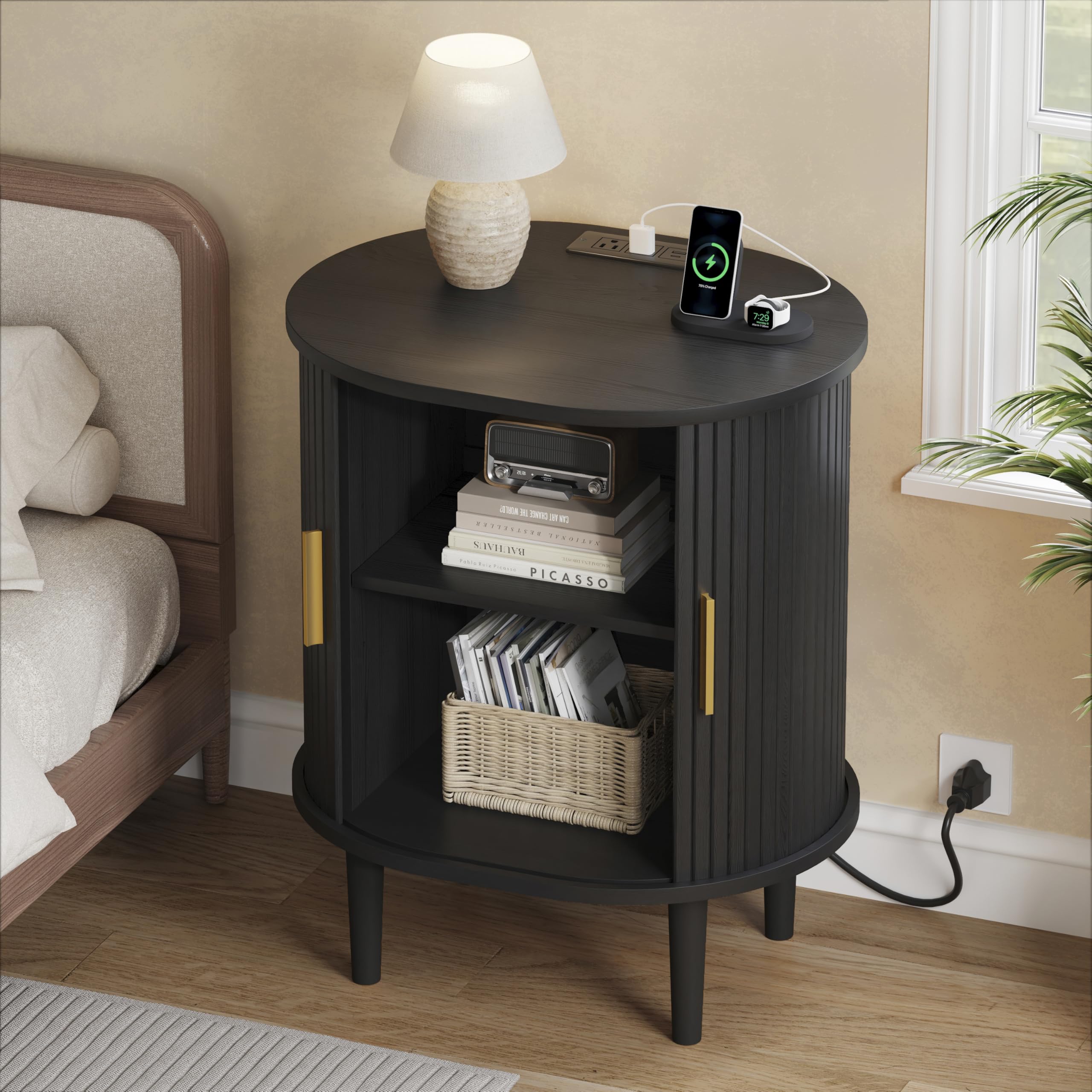 DHH Mid Century Modern Nightstand with Charging Station, Fluted Accent Side Table with Sliding Door &amp; Adjustable Shelf, End Table for Small Space, Living Room, Bedroom,Sofa Couch (1, Black)