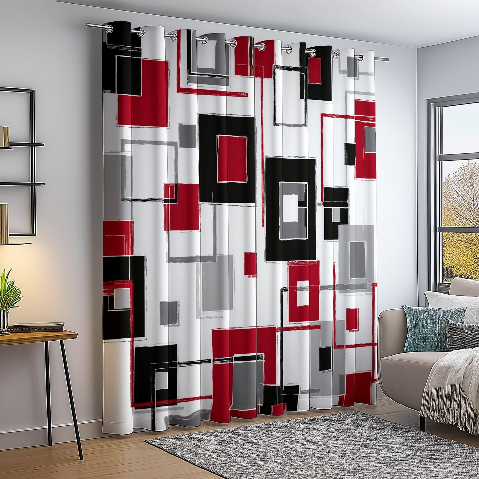 Cortinas Salon 140An×245Al cm 2 Piezas Opacas, Estampadas Abstracto Cuadrado Textura Líneas - Vistoso Cortina Termicas Aislantes Frio Y Calor Dormitorio Juvenil Infantil Habitacion con Ojales