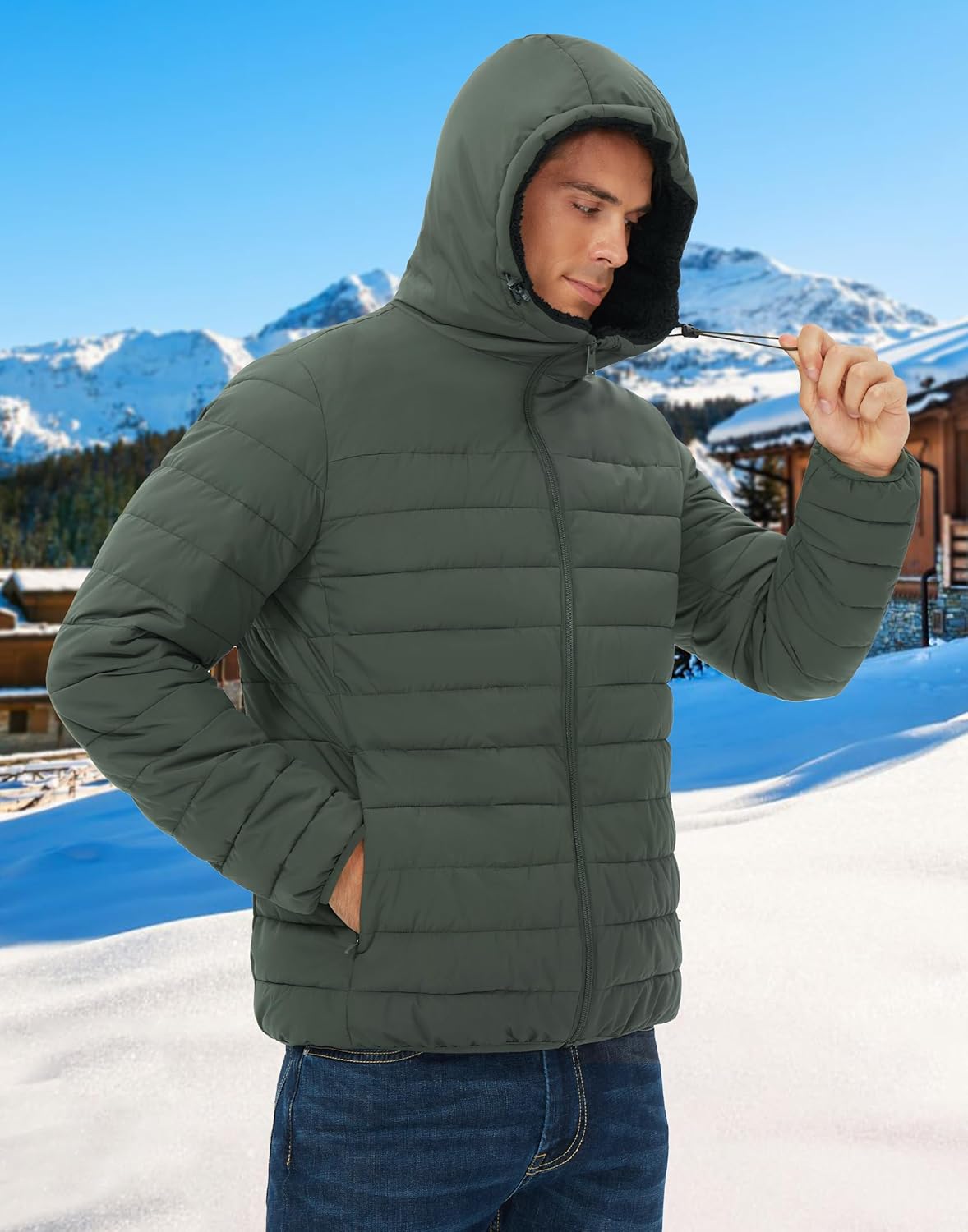 Pioneer Camp Men's Winter Puffer Jacket Sherpa Lined Hooded Water Resistant Midweight Warm Insulated Quilted Down Coat Parka - Image 3