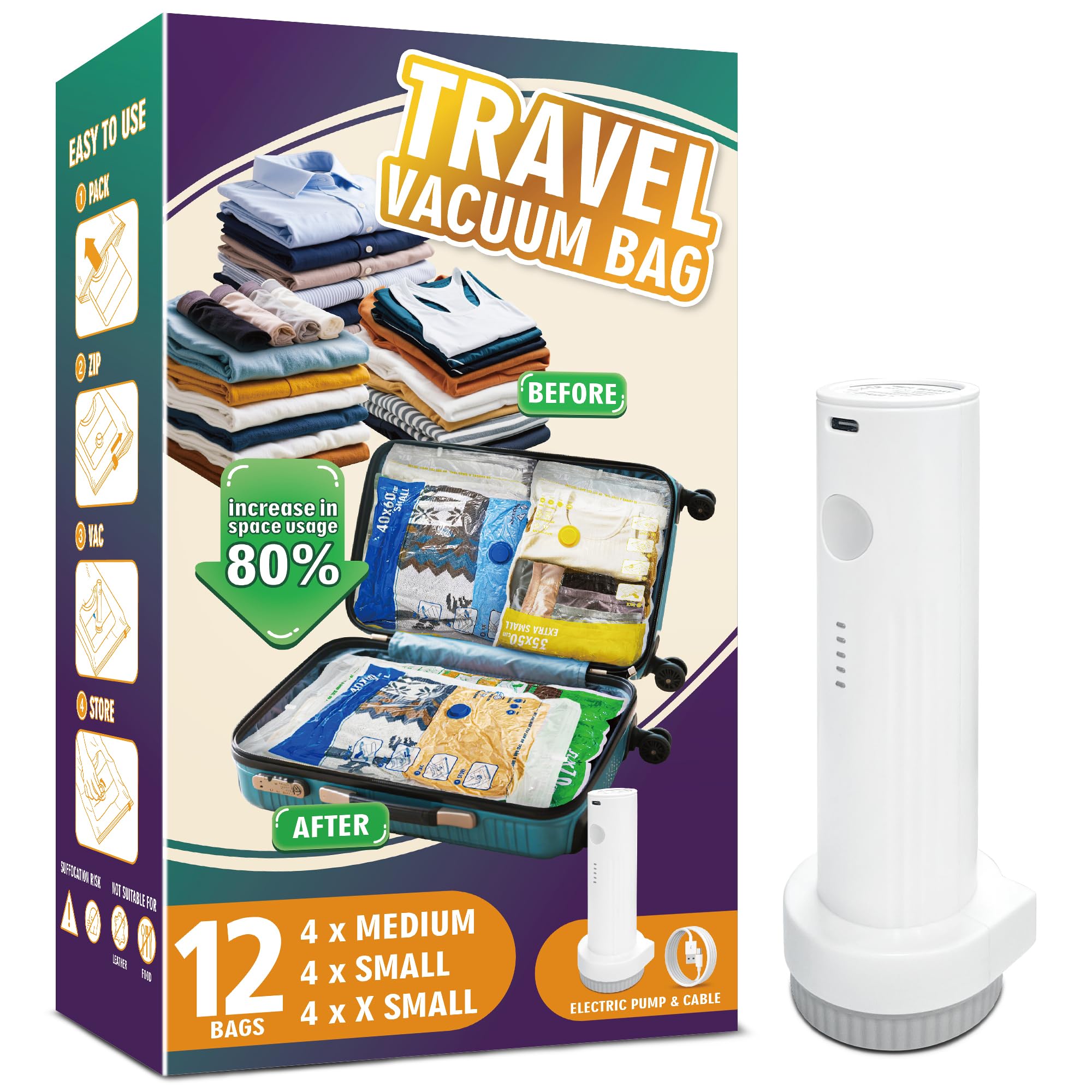 Reusable Vacuum Storage Bags Set - 80% More Storage, Perfect for Travel & Home