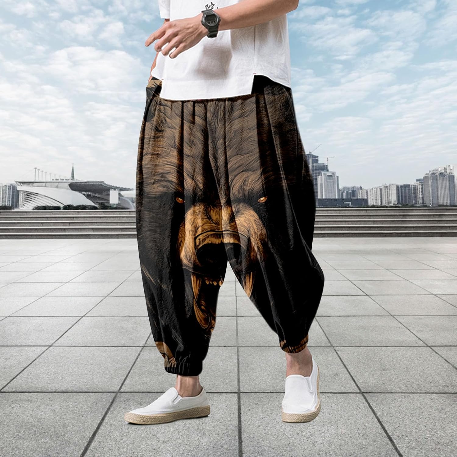 Zhyaj Men's Oversized Cotton Linen Elastic Waist Harem Pants Mens Casual Loose Fit Drop Crotch Trouser with Pockets
