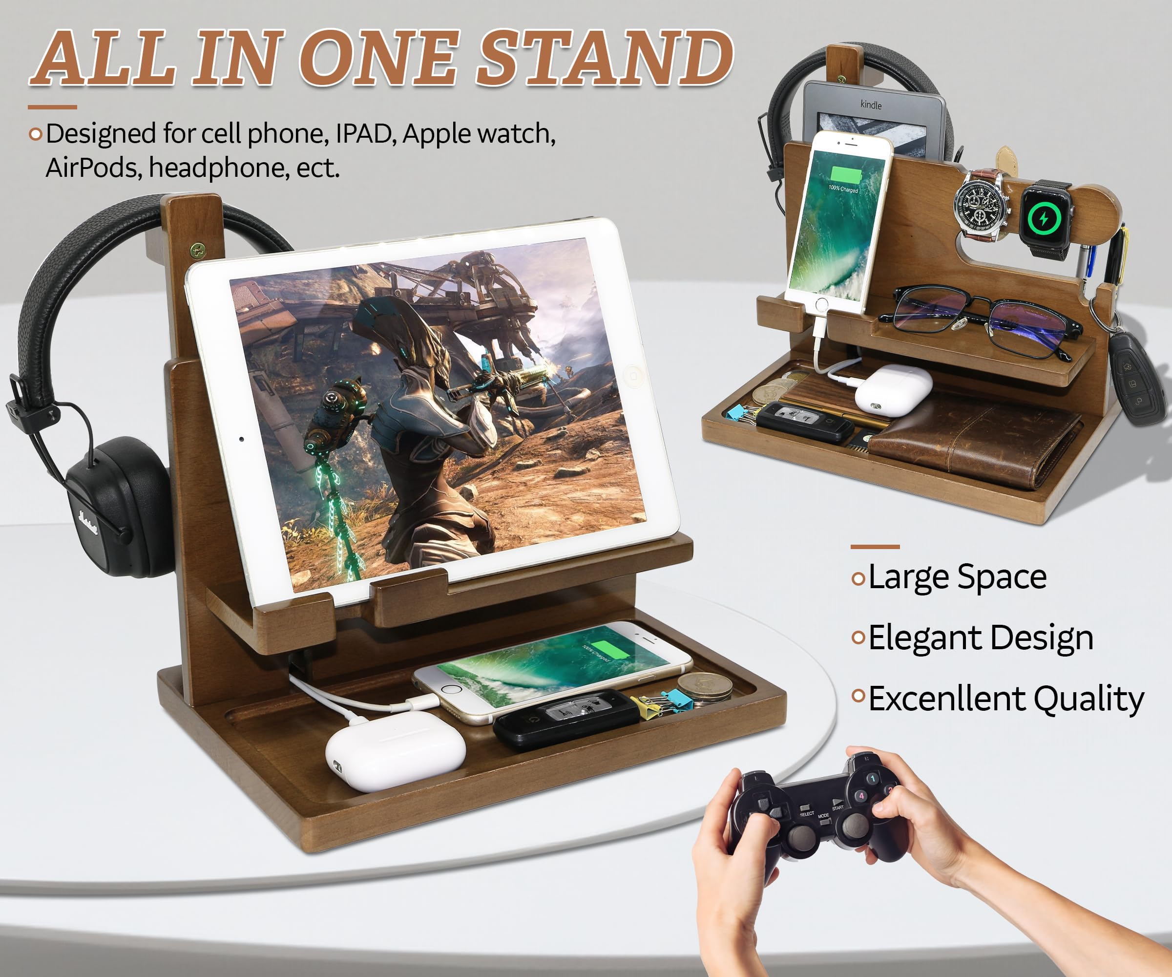 Organizador de escritorio personalizado para hombres, organizador de accesorios hecho a mano con soporte para auriculares, soporte para reloj, ideas de regalo únicas para marido, novio en cumpleaños y
