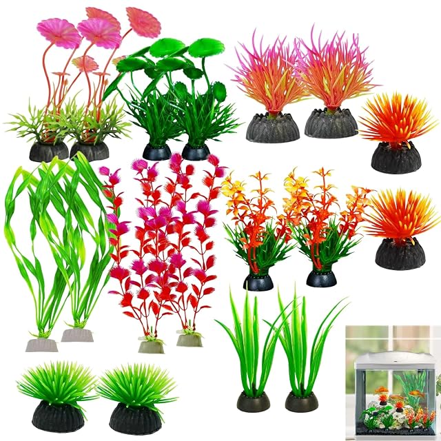 LiJuanWang 18 Piezas Plantas Acuario Artificiales de plástico Set Decoracion pecera con Base Plantas…