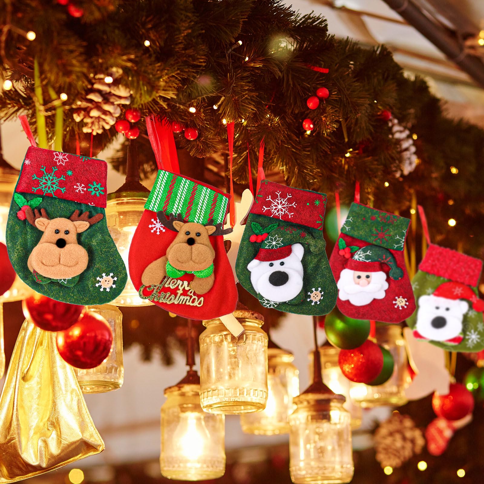 48 Stück Weihnachtsbaum Mini Strümpfe Weihnachtsstrumpf mit Weihnachtsmann, Schneemann, Elch Muster Weihnachten Hängende Strümpfe Weihnachten Party Dekoration für Weihnachten Urlaub Dekor Supplies,