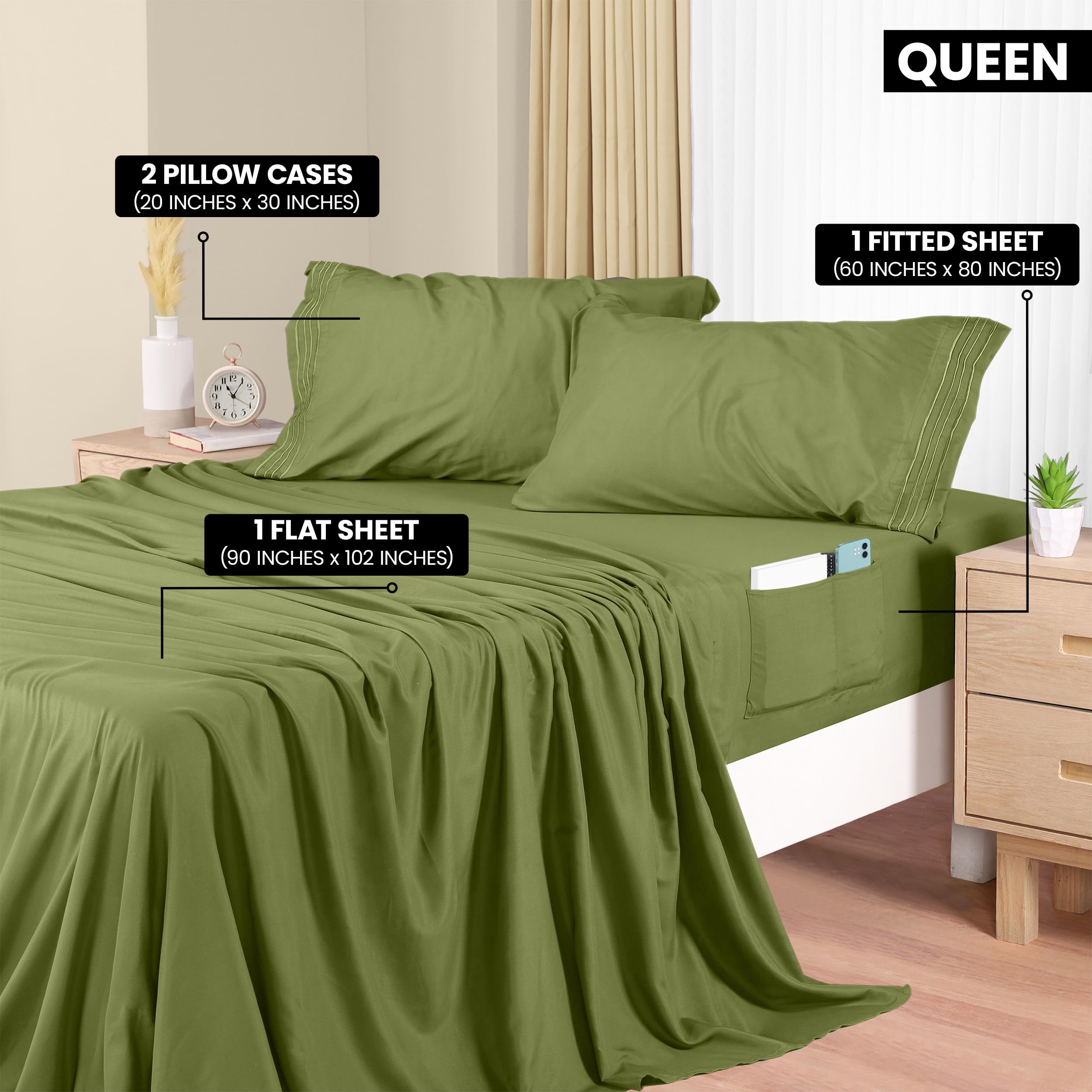 Utopia Bedding Pack of 10 Queen Sheet Set – Soft Microfiber 3 Piece Hotel Luxury Bed Sheets with Deep Pockets - Pillow Case - Side Storage Pocket Fitted Sheet - Flat Sheet (Olive)