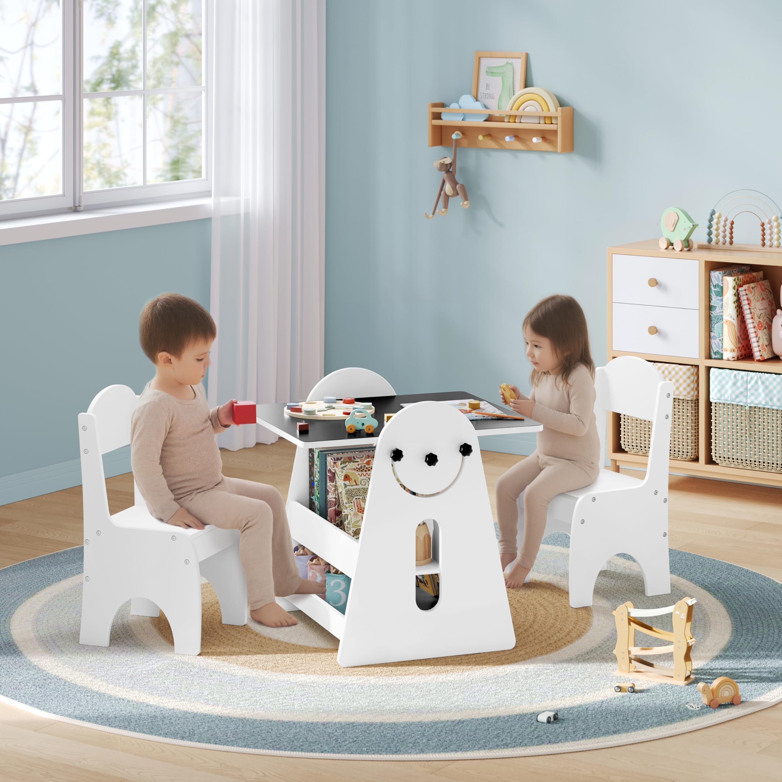 WOLTU Kindertisch mit 2 Stühlen, Kindertisch mit Stauraum, Innen 3 in 1 Maltisch/Tafeltisch mit Bücherregalen für Kinderzimmer, Vorschüler Kindersitzgruppe Indoor, Weiß