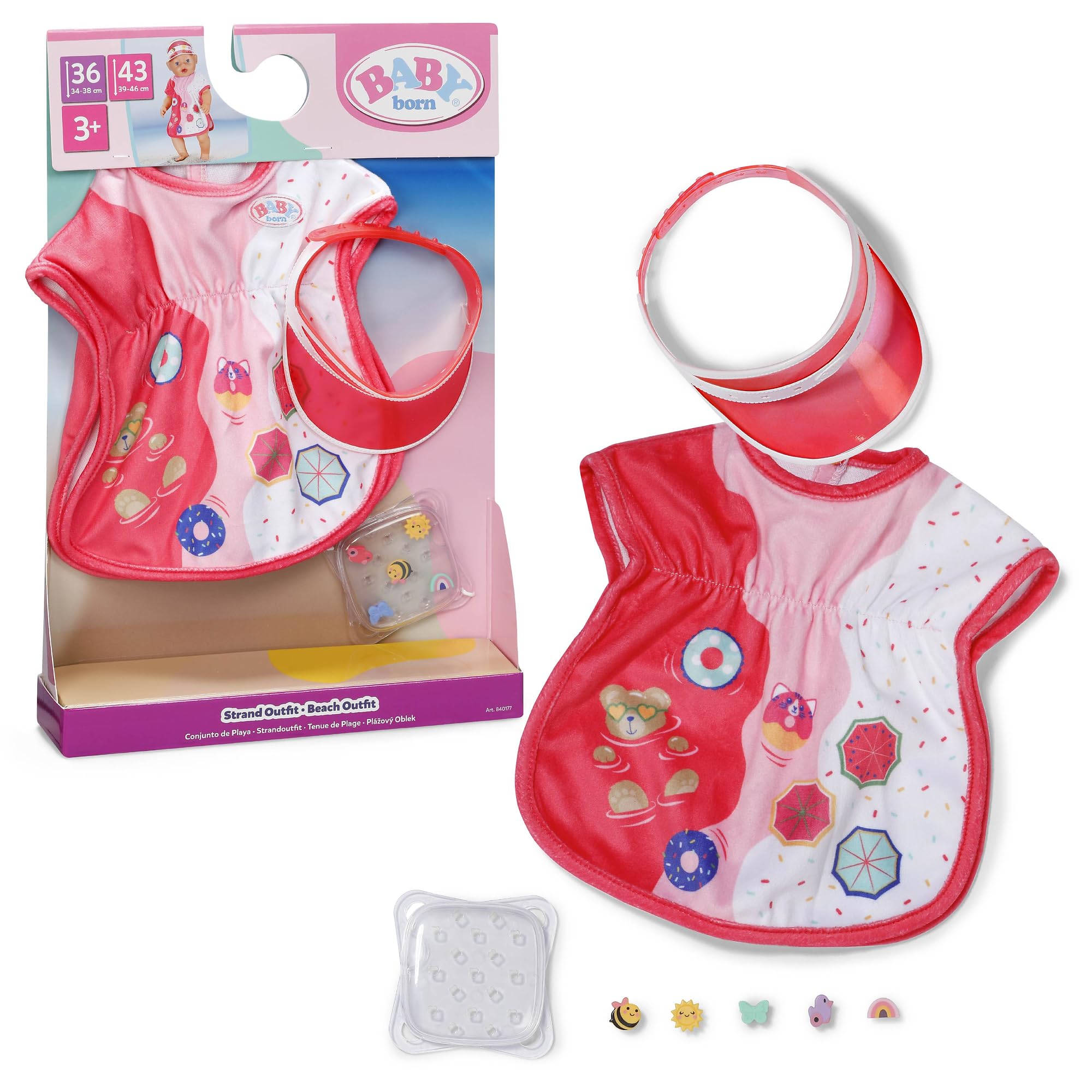 BABY born Beach outfit with beach tunic and sun visor with pins for 36cm and 43cm dolls