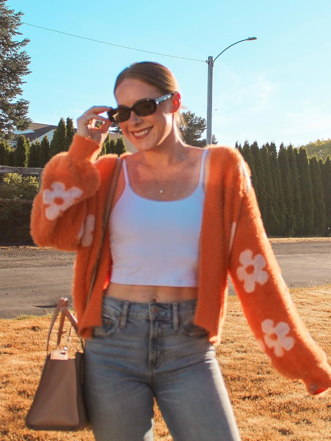 ECOWISH Women Floral Cropped Cardigan: Fall Long Sleeve Open Front Fuzzy Daisy Print Knit Sweaters Casual Y2k Outerwear - Image 3