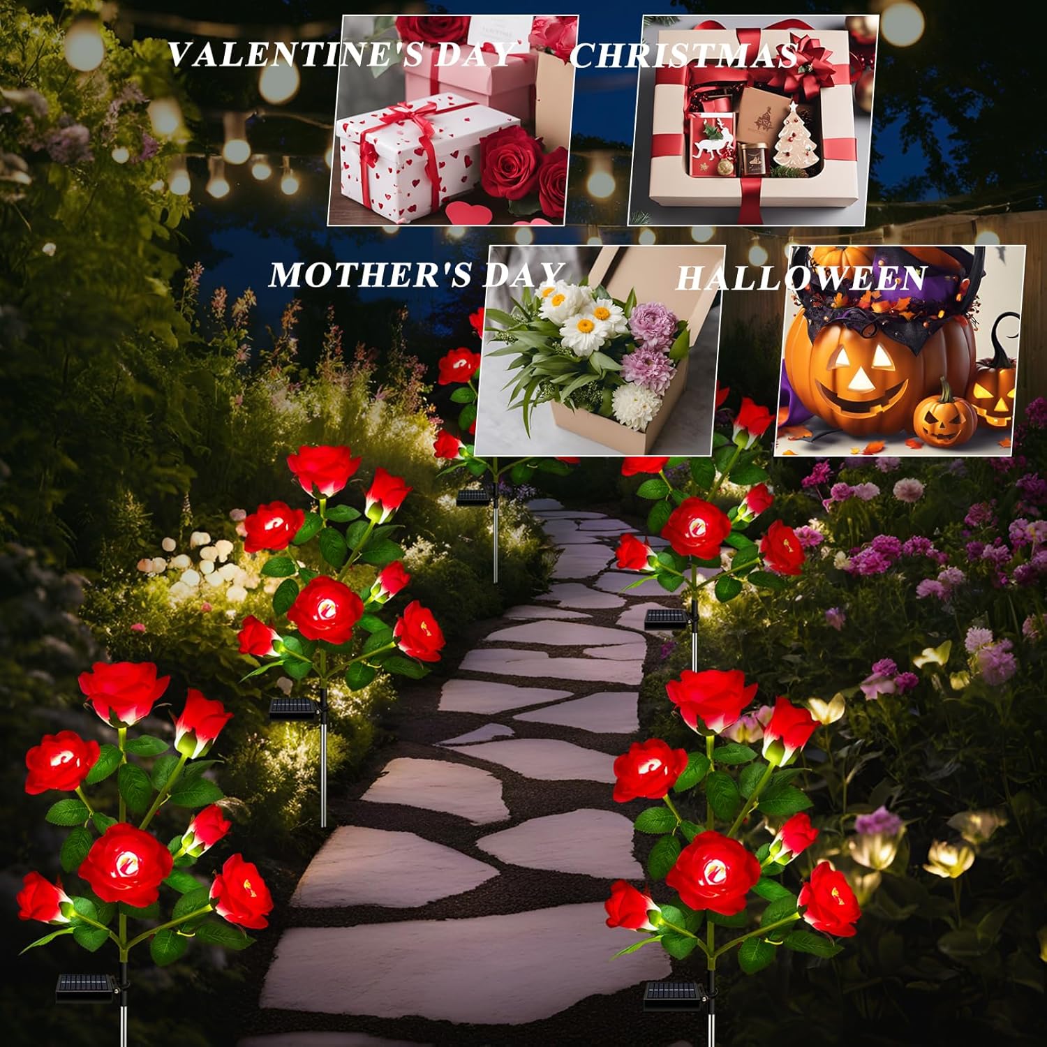 DWH 2 Pack Solar Garden Lights Outdoor, 7-Flower Rose LED Stake Light for Yard Patio Pathway Lawn Fence Cemetery, Red